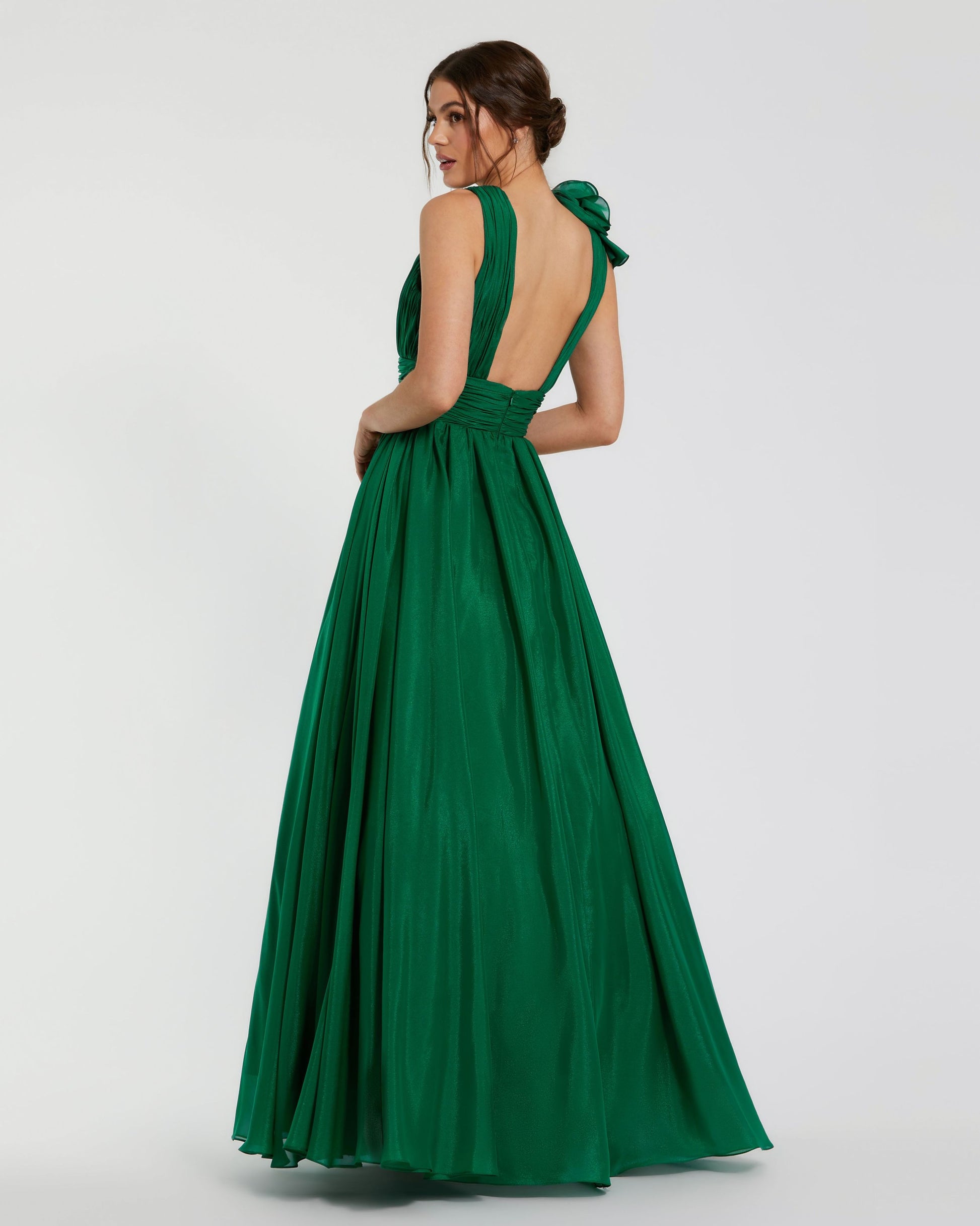 Petite Emerald Green Ruffle Shoulder V-Neck Chiffon Gown Mac Duggal