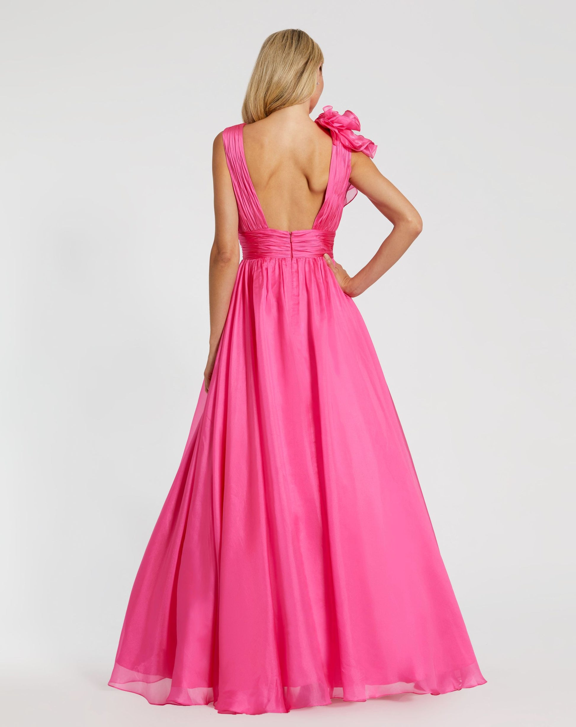 Petite Pink Ruffle Shoulder V-Neck Chiffon Gown | Mac Duggal