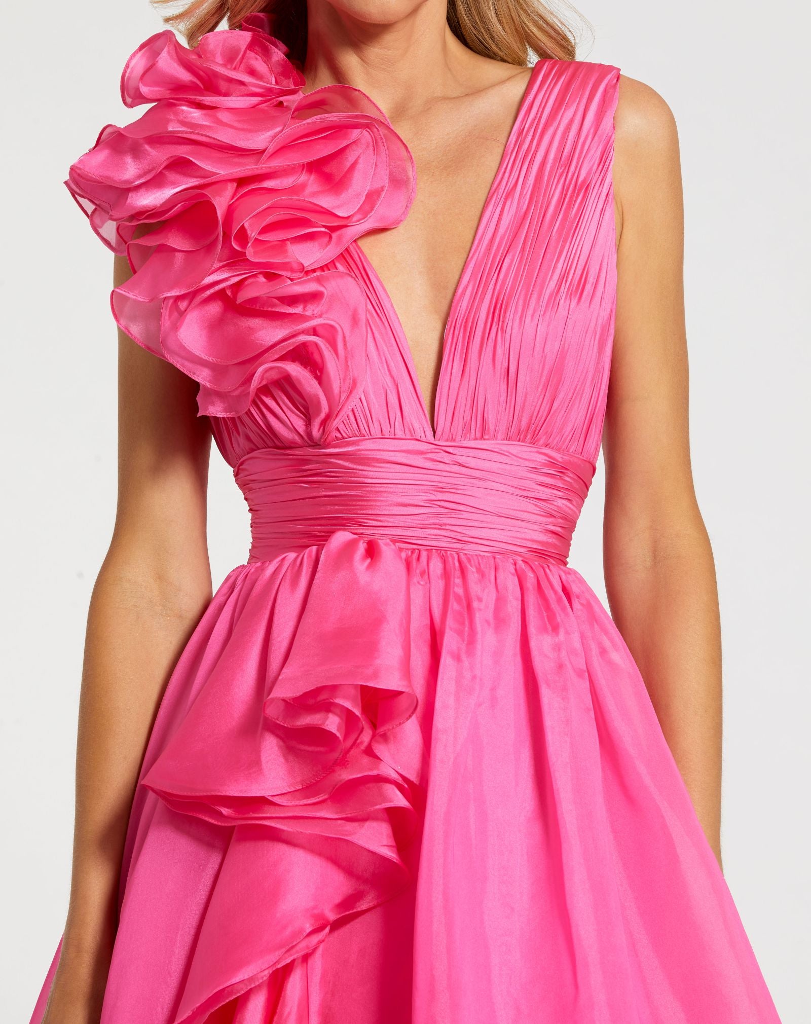 Petite Pink Ruffle Shoulder V-Neck Chiffon Gown - Mac Duggal