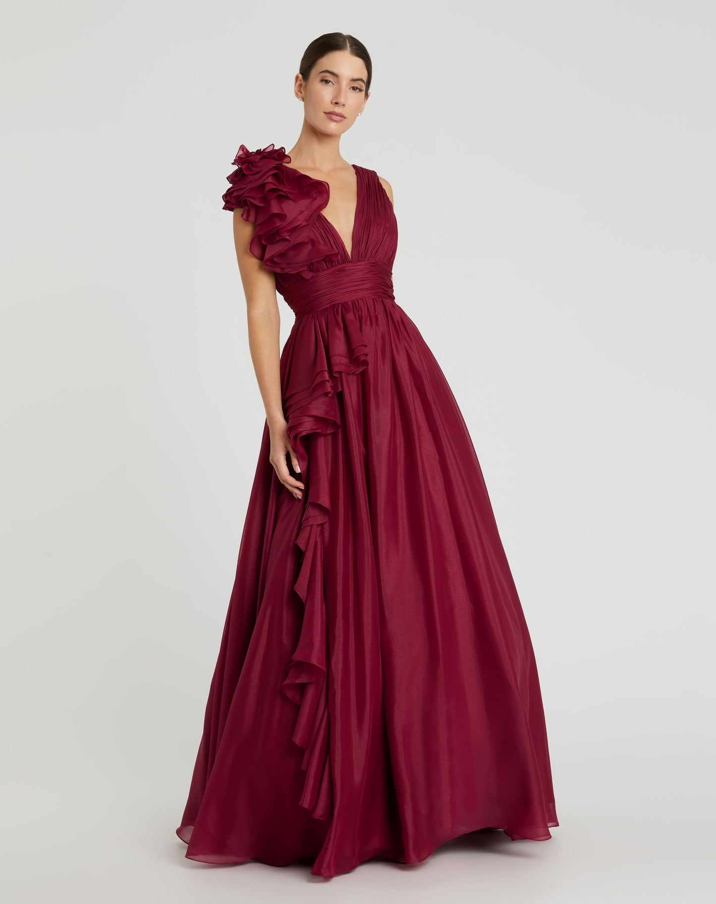 Petite Burgundy Ruffle Shoulder V-Neck Chiffon Gown