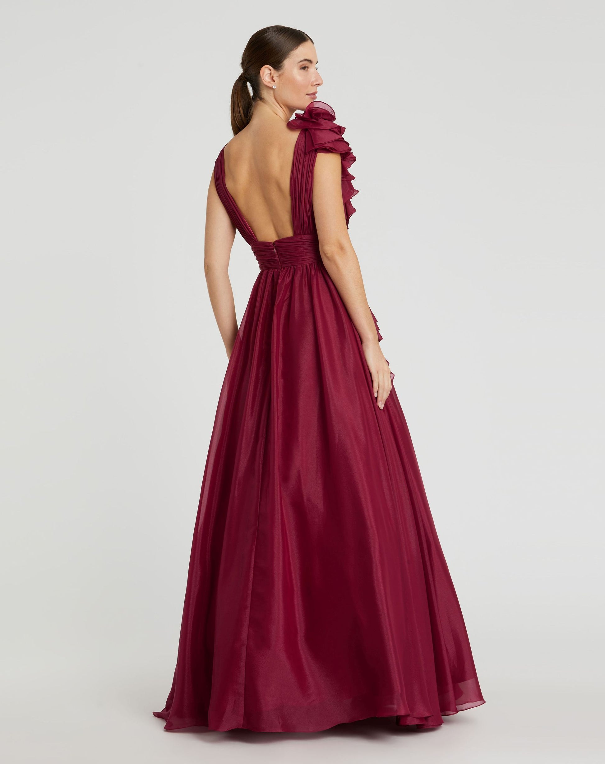 Petite Burgundy Ruffle Shoulder V-Neck Chiffon Gown