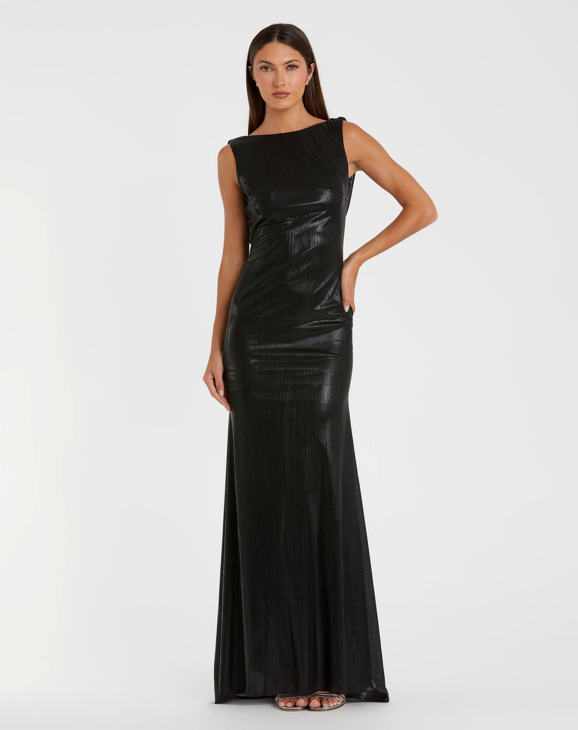Petite Black Metallic Jersey Cowl Back Column Gown - Mac Duggal