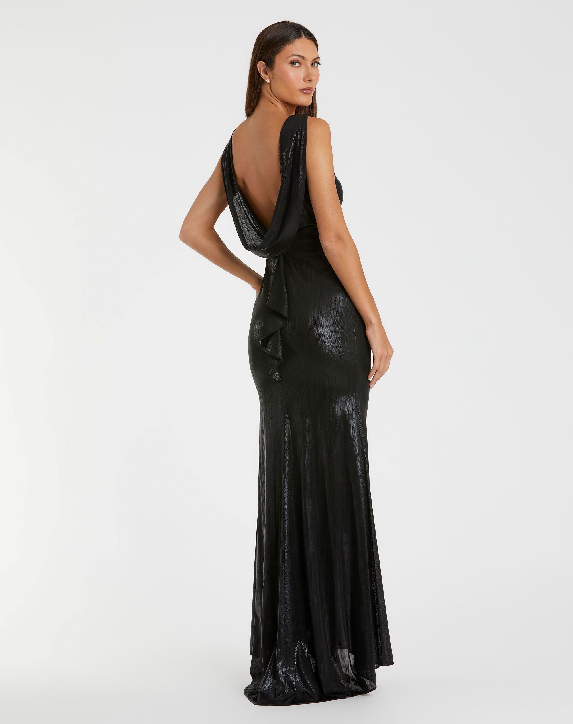 Petite Black Metallic Jersey Cowl Back Column Gown - Mac Duggal