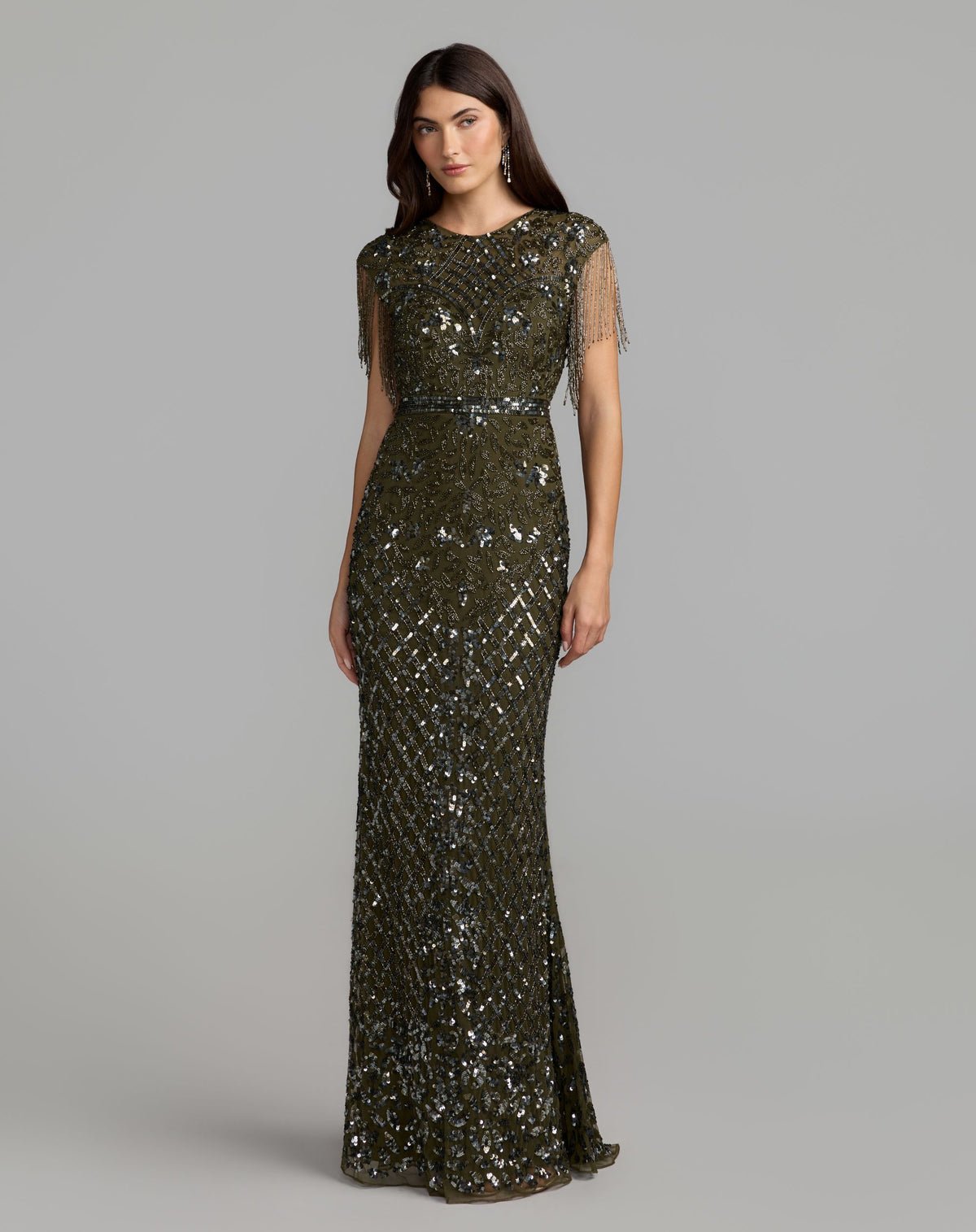 Petite Olive High Neck Beaded Fringe Fitted Gown - Mac Duggal