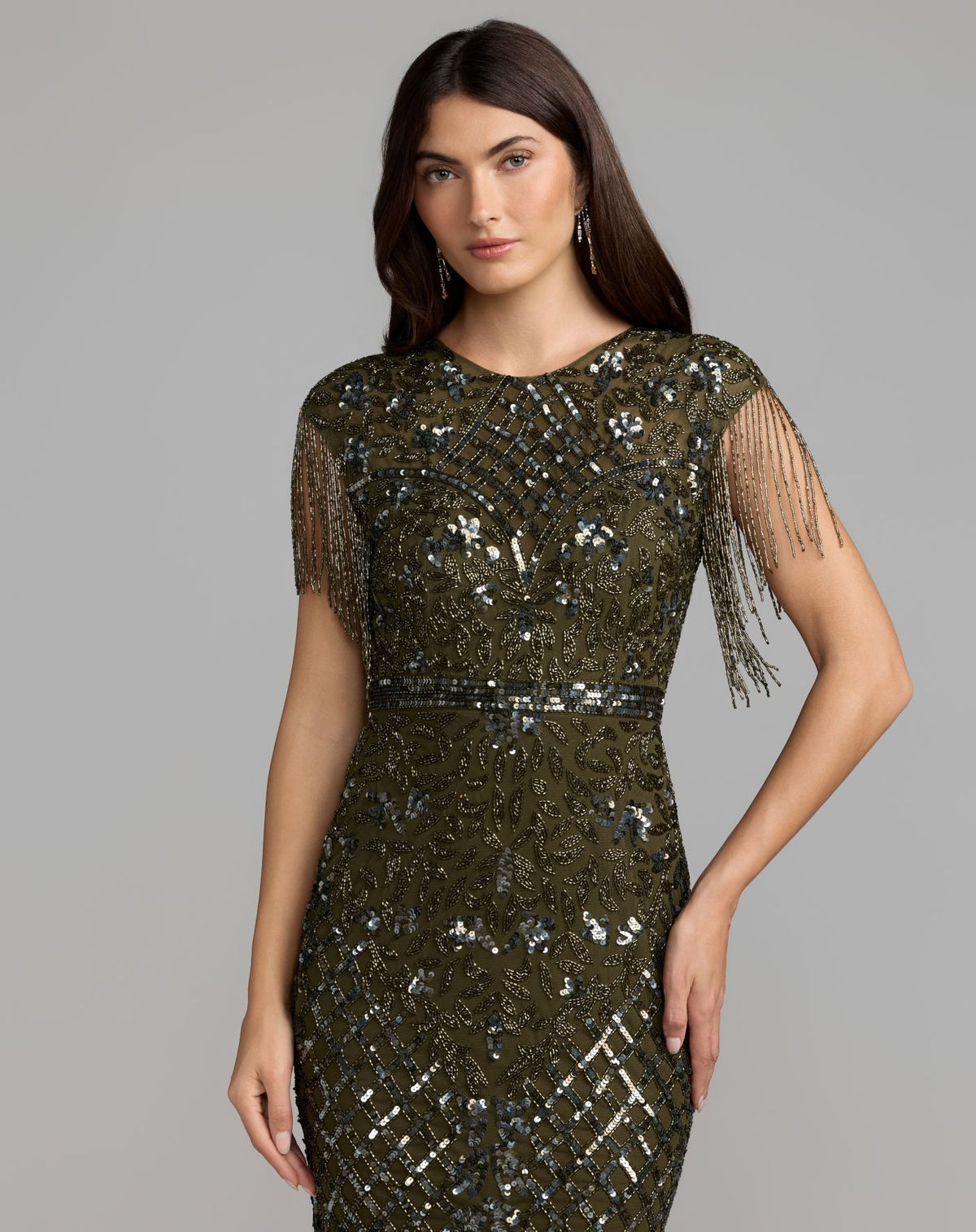 Petite Olive High Neck Beaded Fringe Fitted Gown - Mac Duggal
