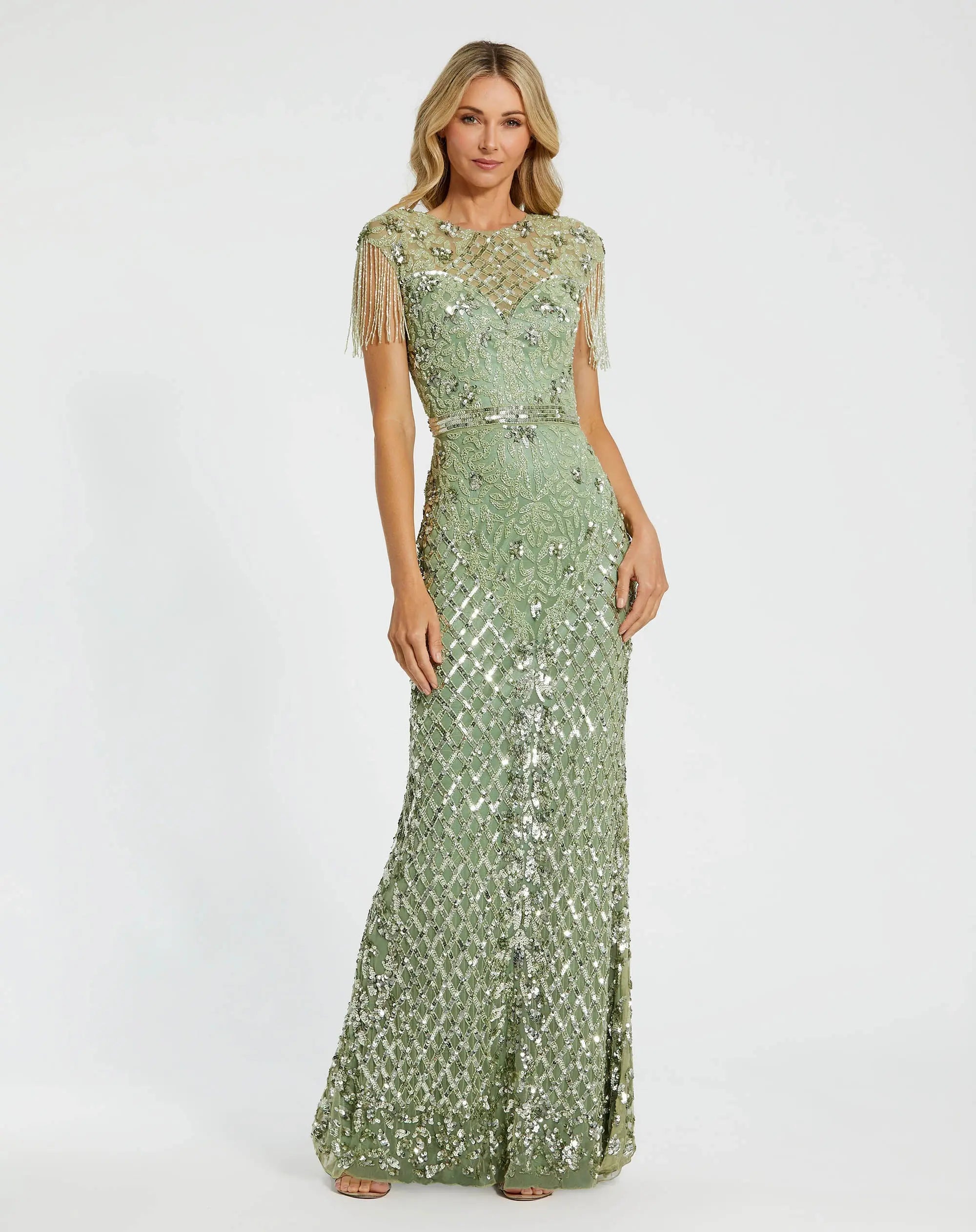 Petite Green High Neck Beaded Fringe Fitted Gown Mac Duggal