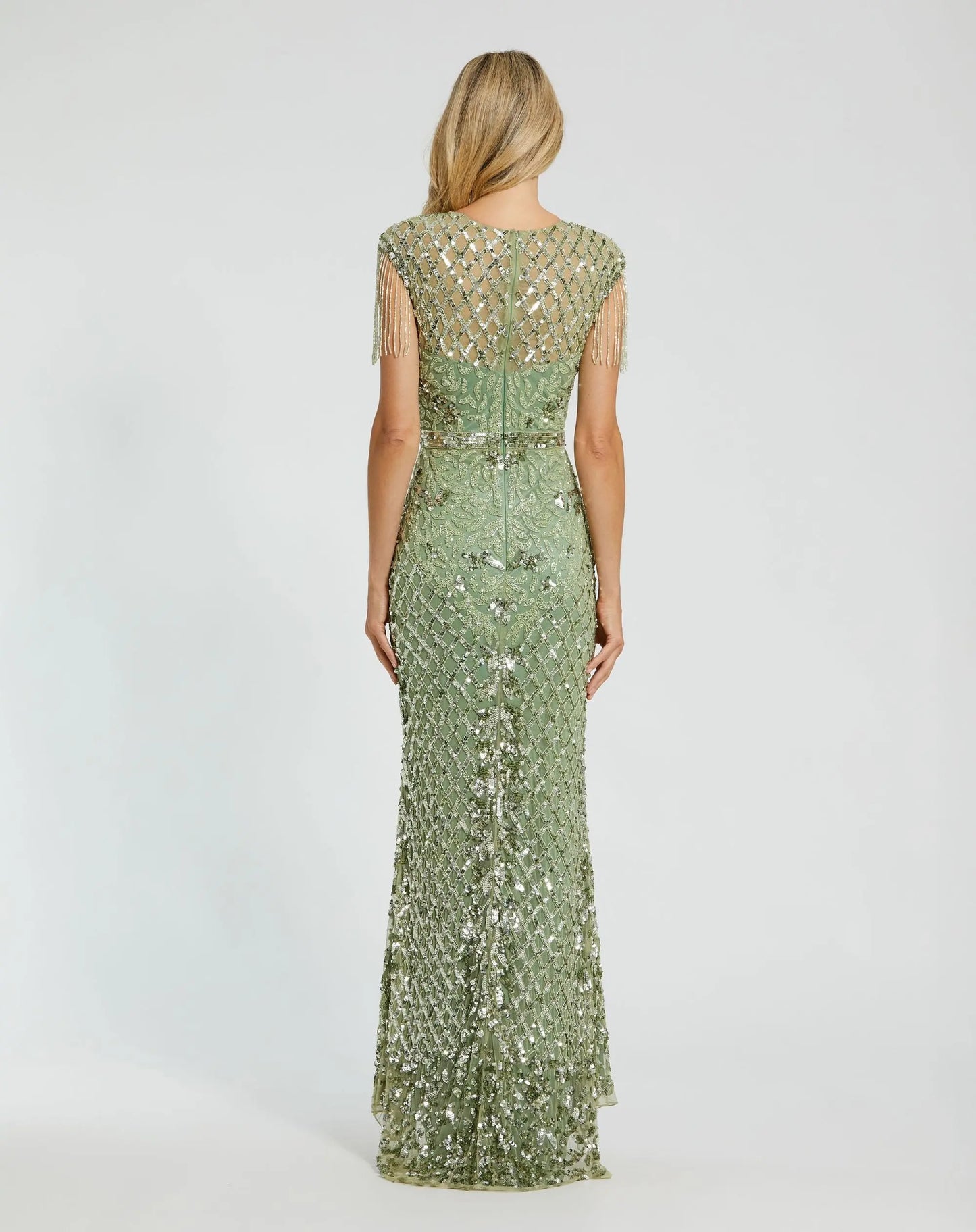 Petite Green High Neck Beaded Fringe Fitted Gown Mac Duggal