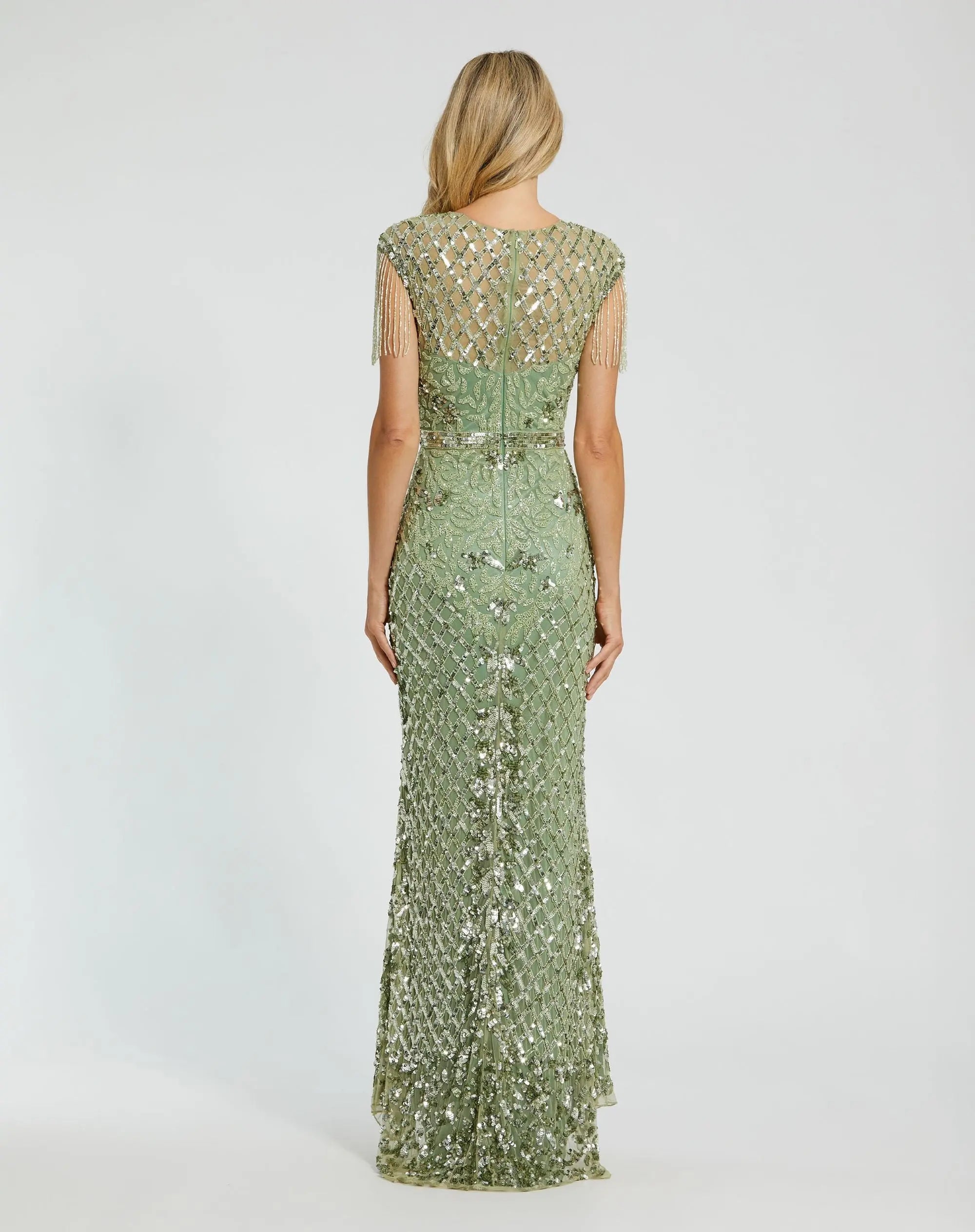 Petite Green High Neck Beaded Fringe Fitted Gown Mac Duggal