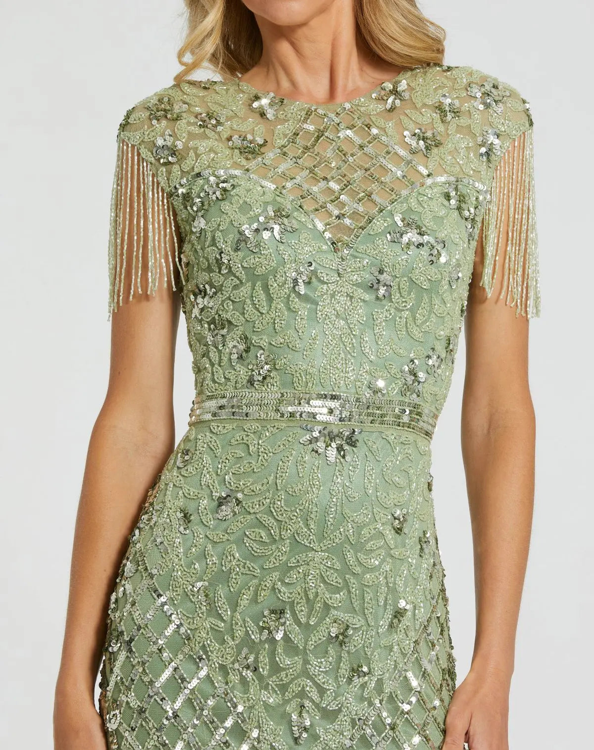 Mac Duggal Petite Beaded Fringe High-Neck Fitted Evening Gown