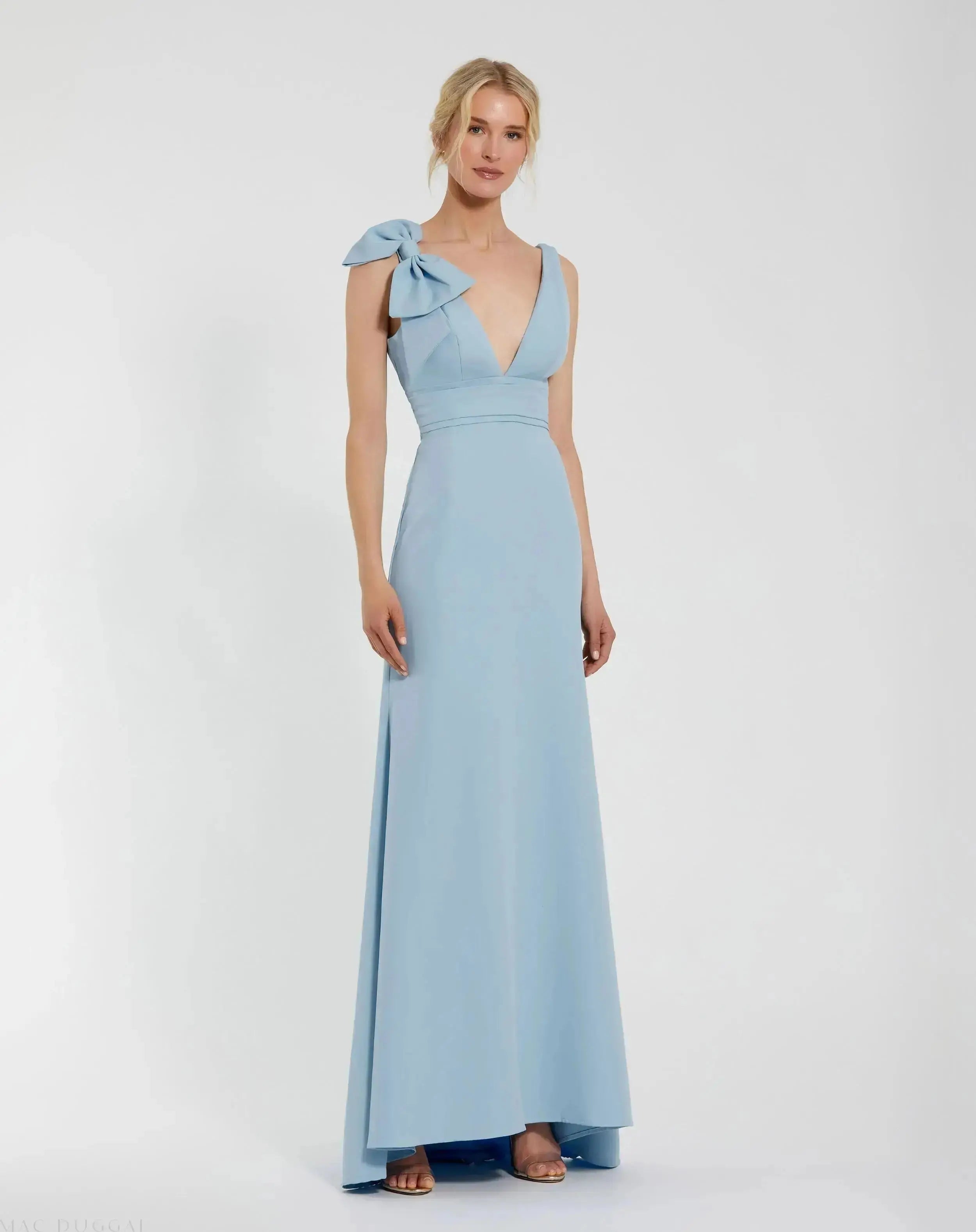 Petite Blue Sleeveless Pleated Chiffon V-Neck Gown | Mac Duggal Petite Blue Sleeveless Pleated Chiffon V-Neck Gown | Mac Duggal