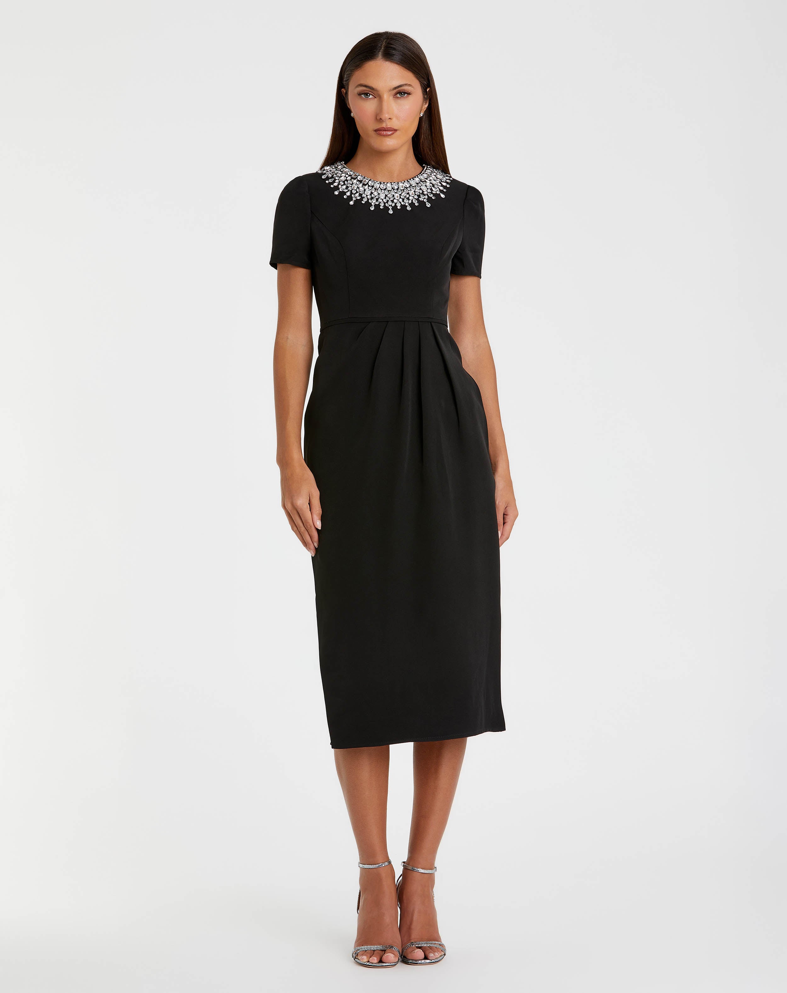 Petite Black Short Sleeve Rhinestone Neckline Midi Dress - Ieena for Mac Duggal