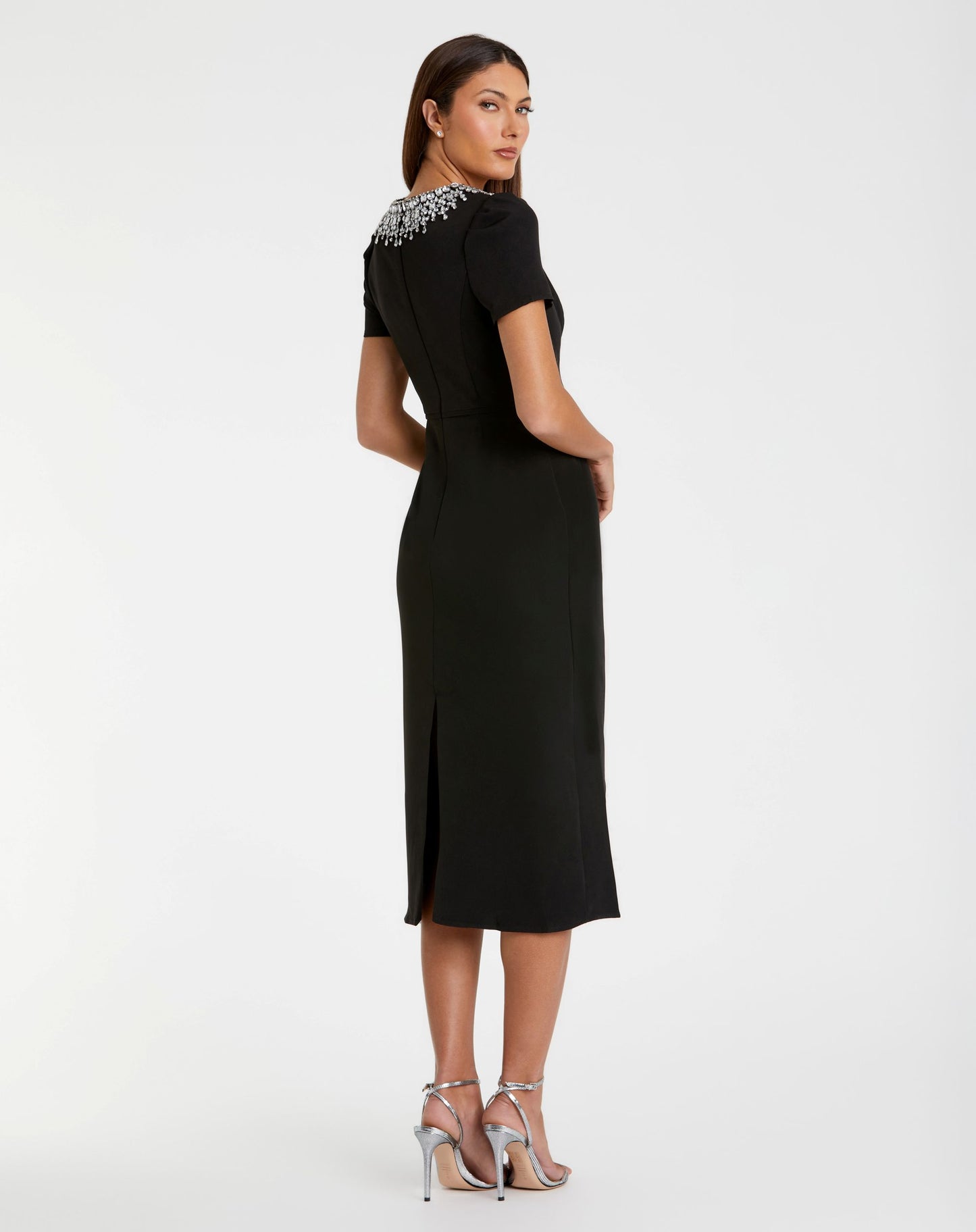 Petite Black Short Sleeve Rhinestone Neckline Midi Dress - Ieena for Mac Duggal