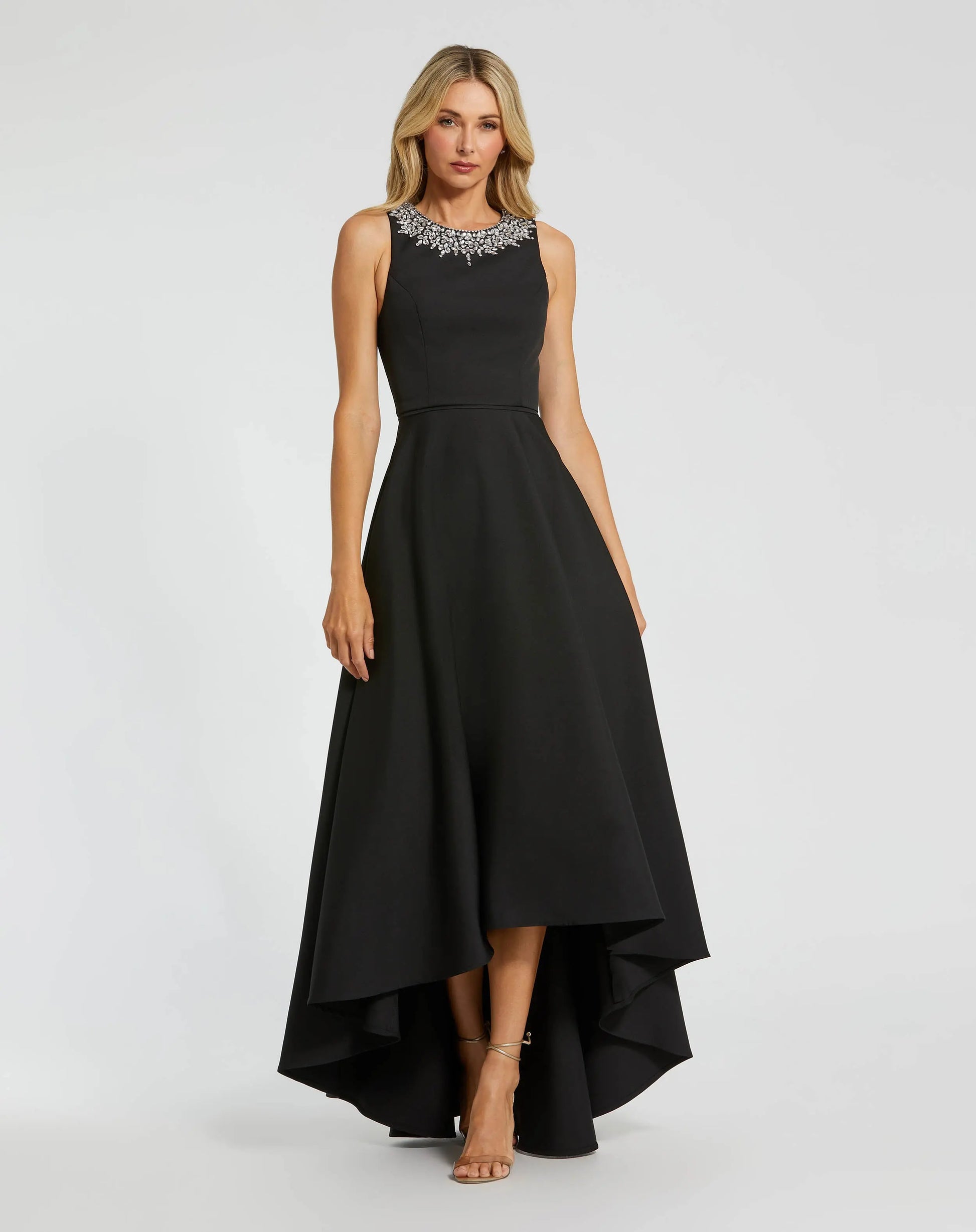 Petite Black Crepe Embellished Neck High Low Gown | Mac Duggal Petite Black Crepe Embellished Neck High Low Gown | Mac Duggal
