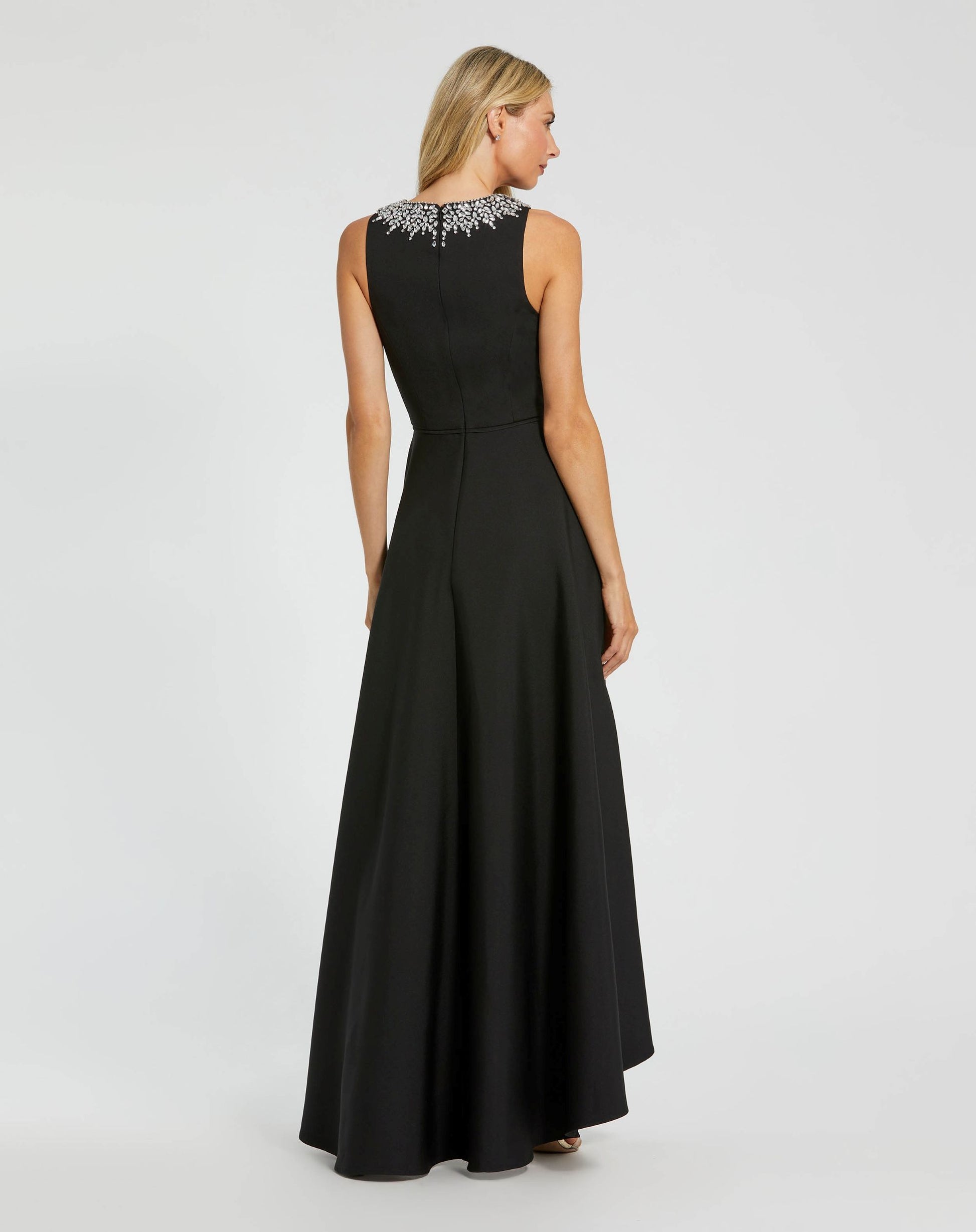 Petite Black Crepe Embellished Neck High Low Gown - Ieena for Mac Duggal