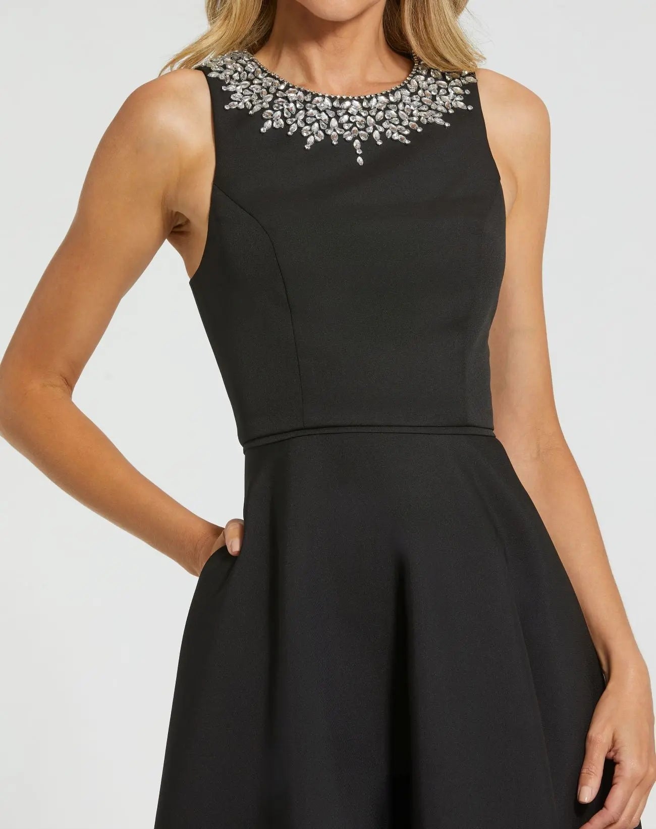 Petite Black Crepe Embellished Neck High Low Gown | Mac Duggal Petite Black Crepe Embellished Neck High Low Gown | Mac Duggal