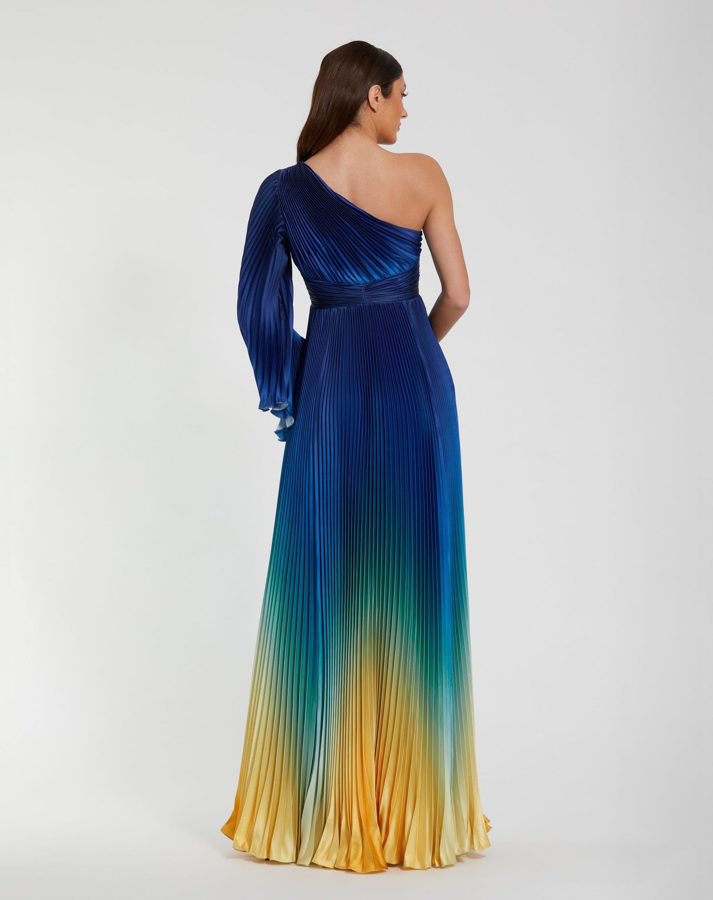 Petite Blue Pleated Charmeuse One Shoulder Ombre Gown - Ieena for Mac Duggal