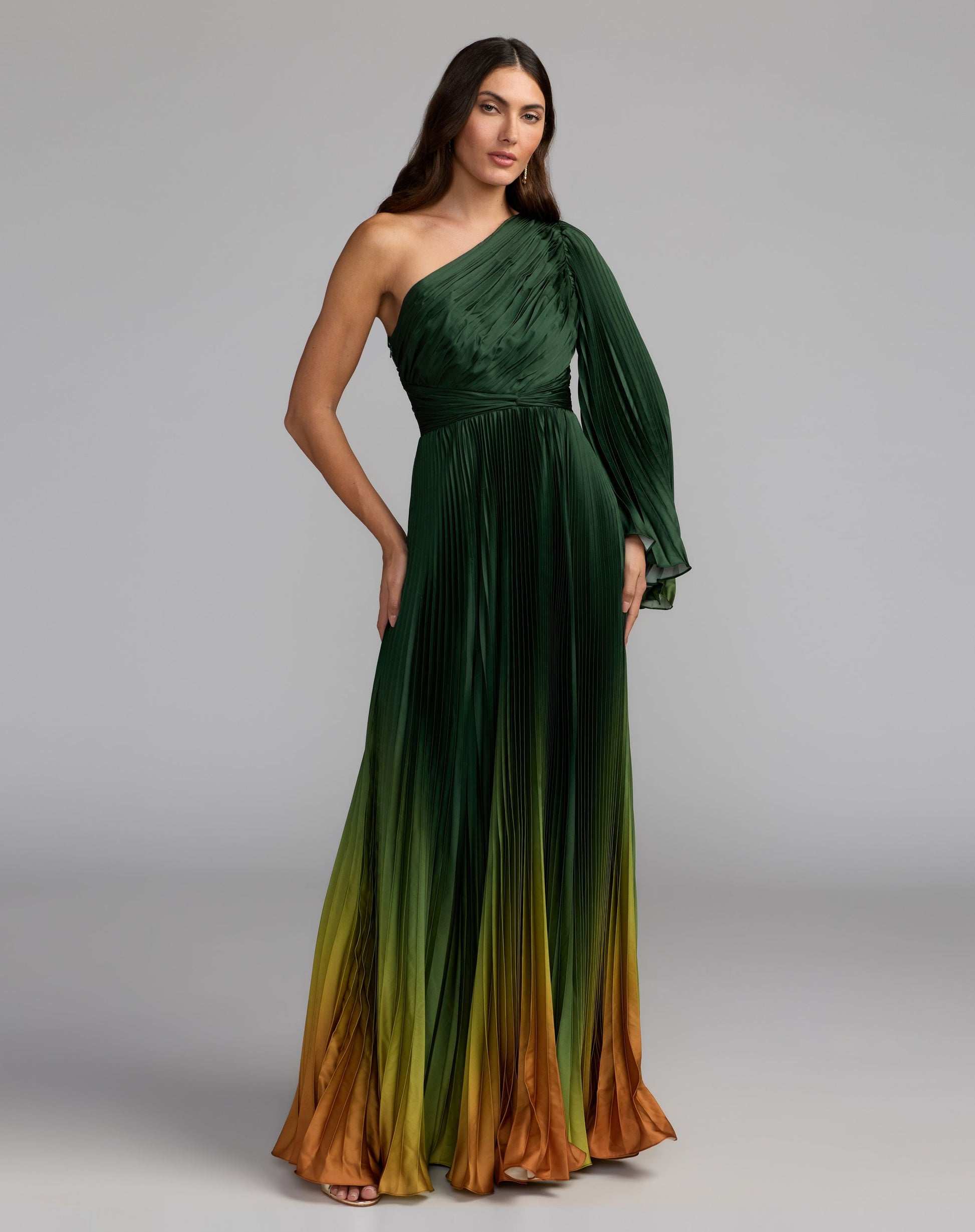 Petite Green Pleated Charmeuse One Shoulder Ombre Gown - Ieena for Mac Duggal