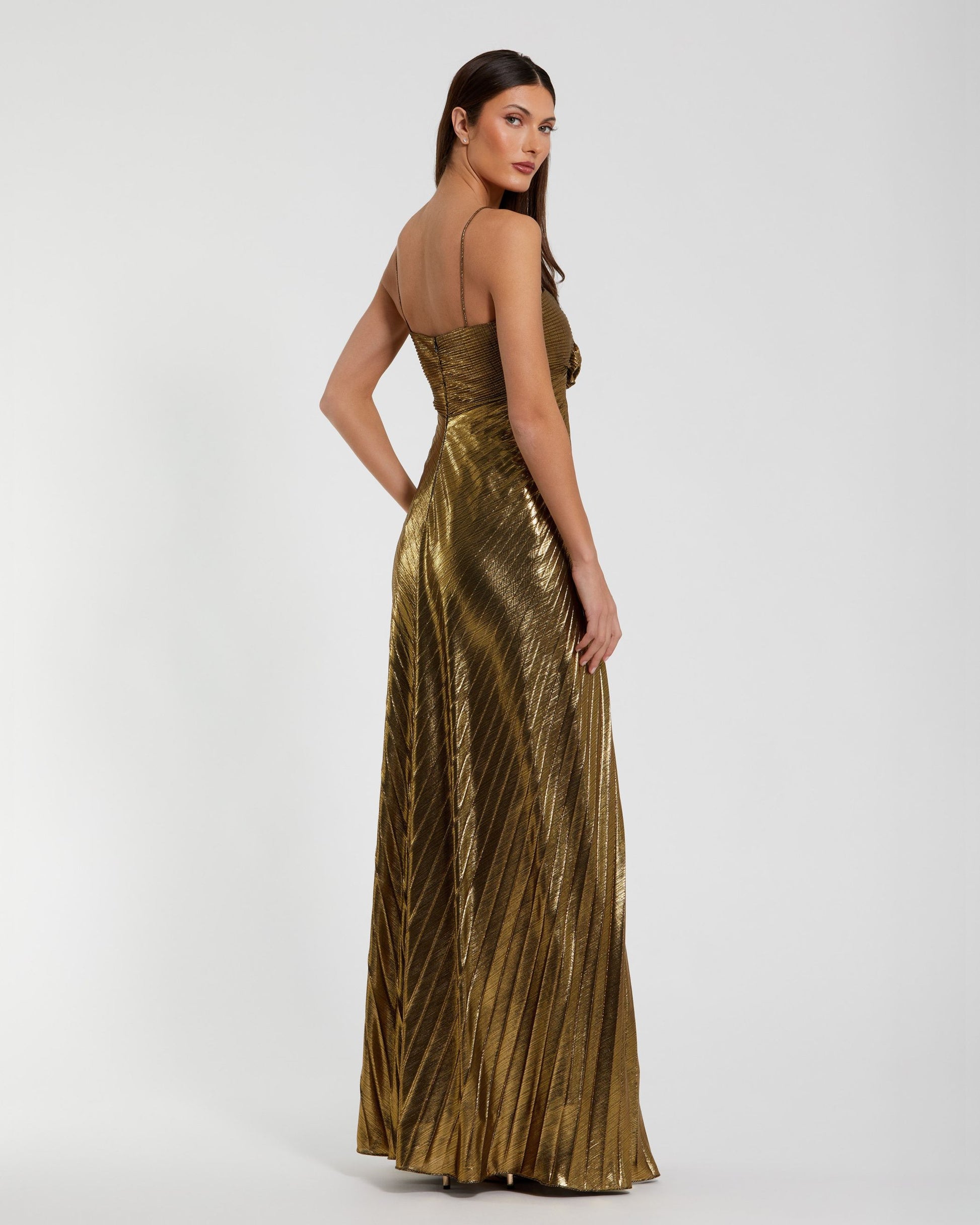 petite gold dress Petite Gold Metallic Pleated Gown with 3D Flower