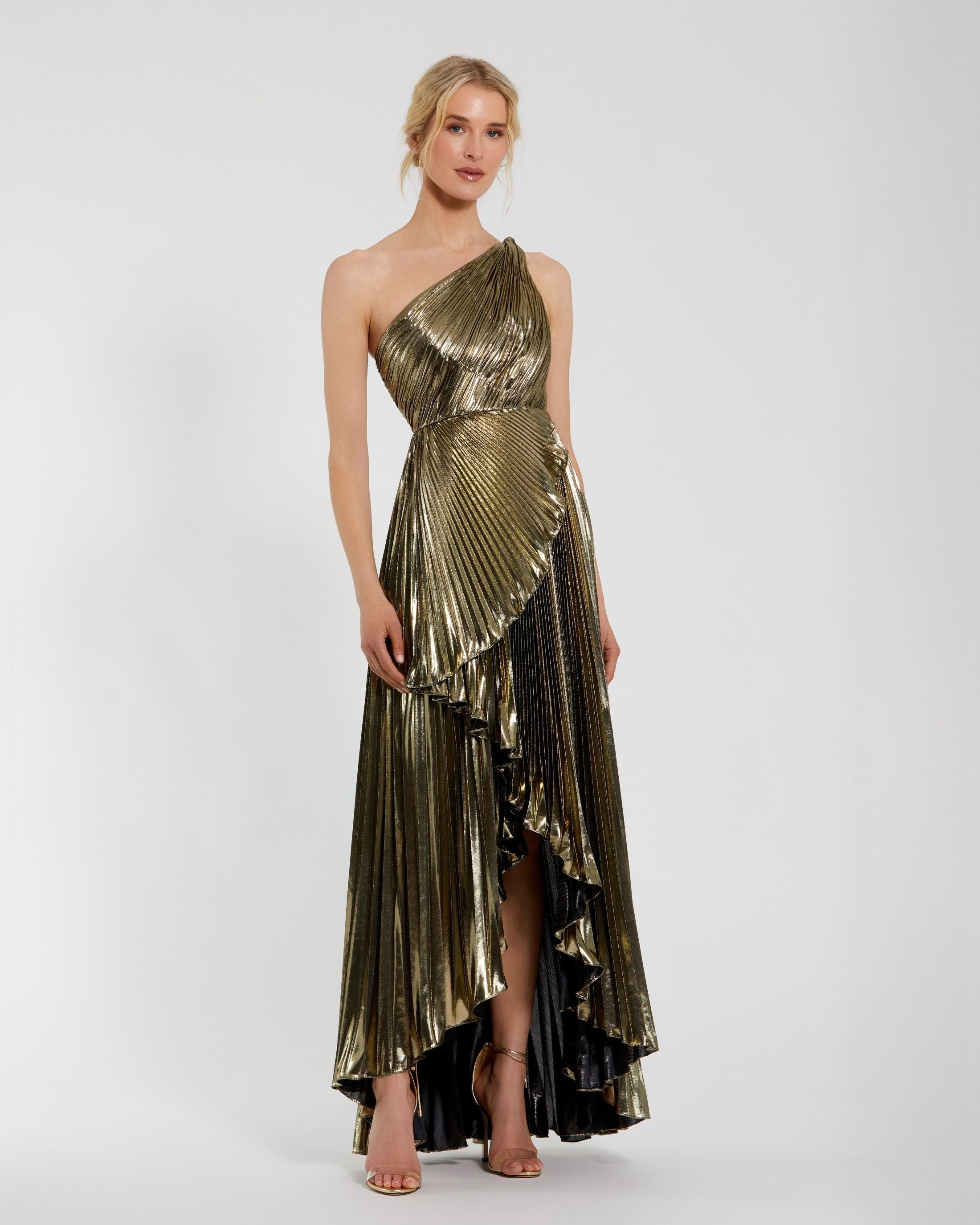 Petite Gold Metallic Pleated One Shoulder Gown Ieena for Mac Duggal
