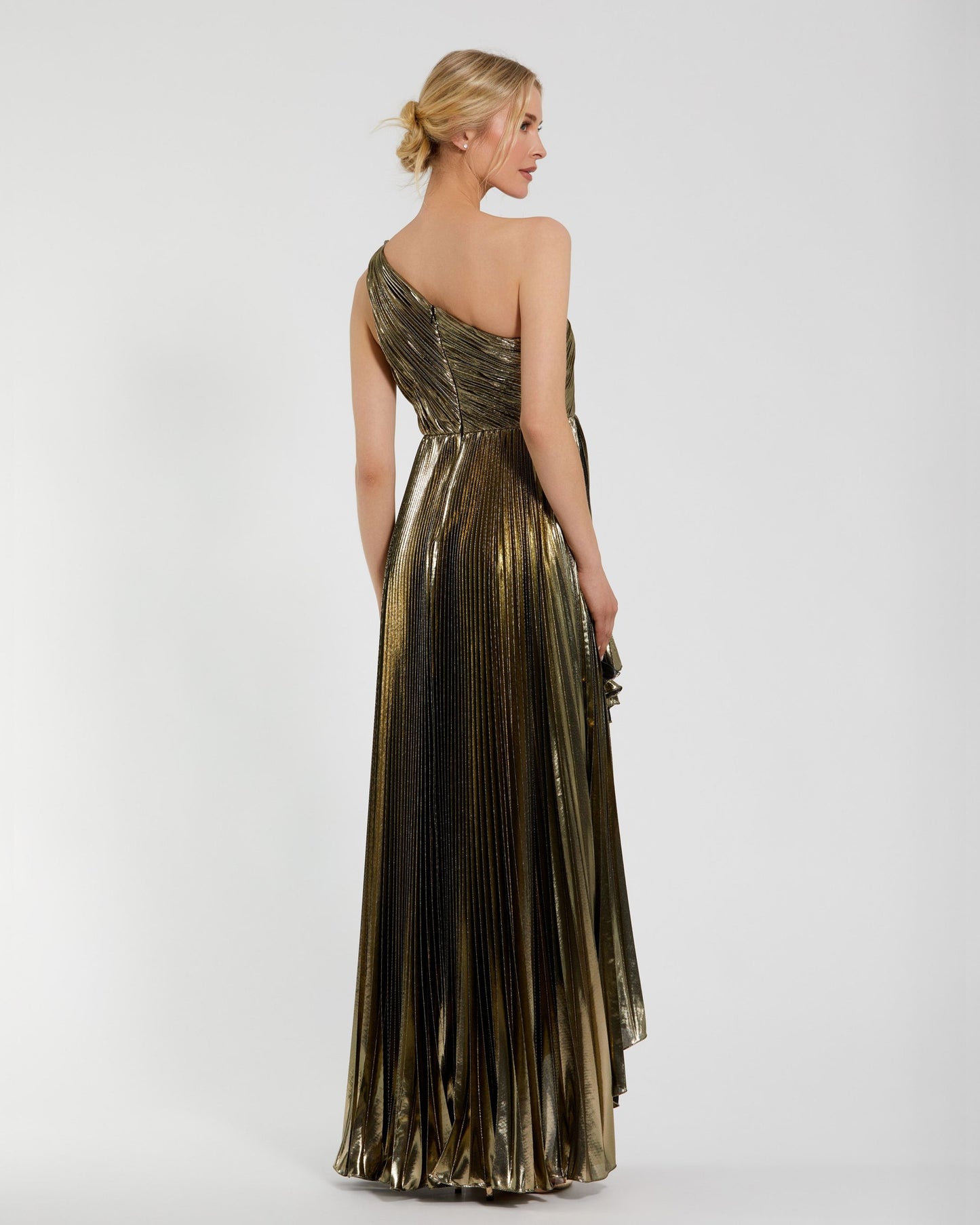 Petite Gold Metallic Pleated One Shoulder Gown Ieena for Mac Duggal