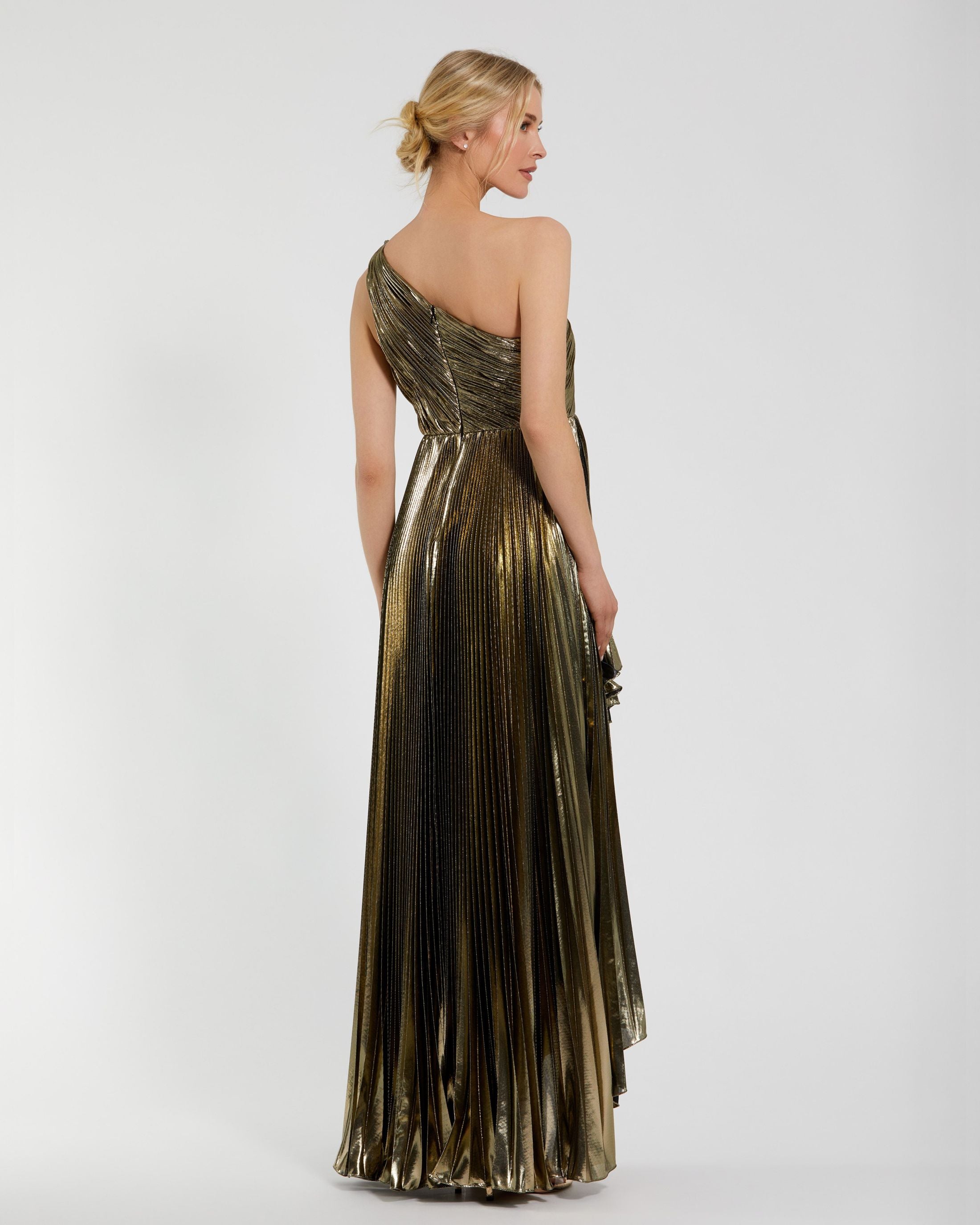 Petite Gold Metallic Pleated One Shoulder Gown Ieena for Mac Duggal