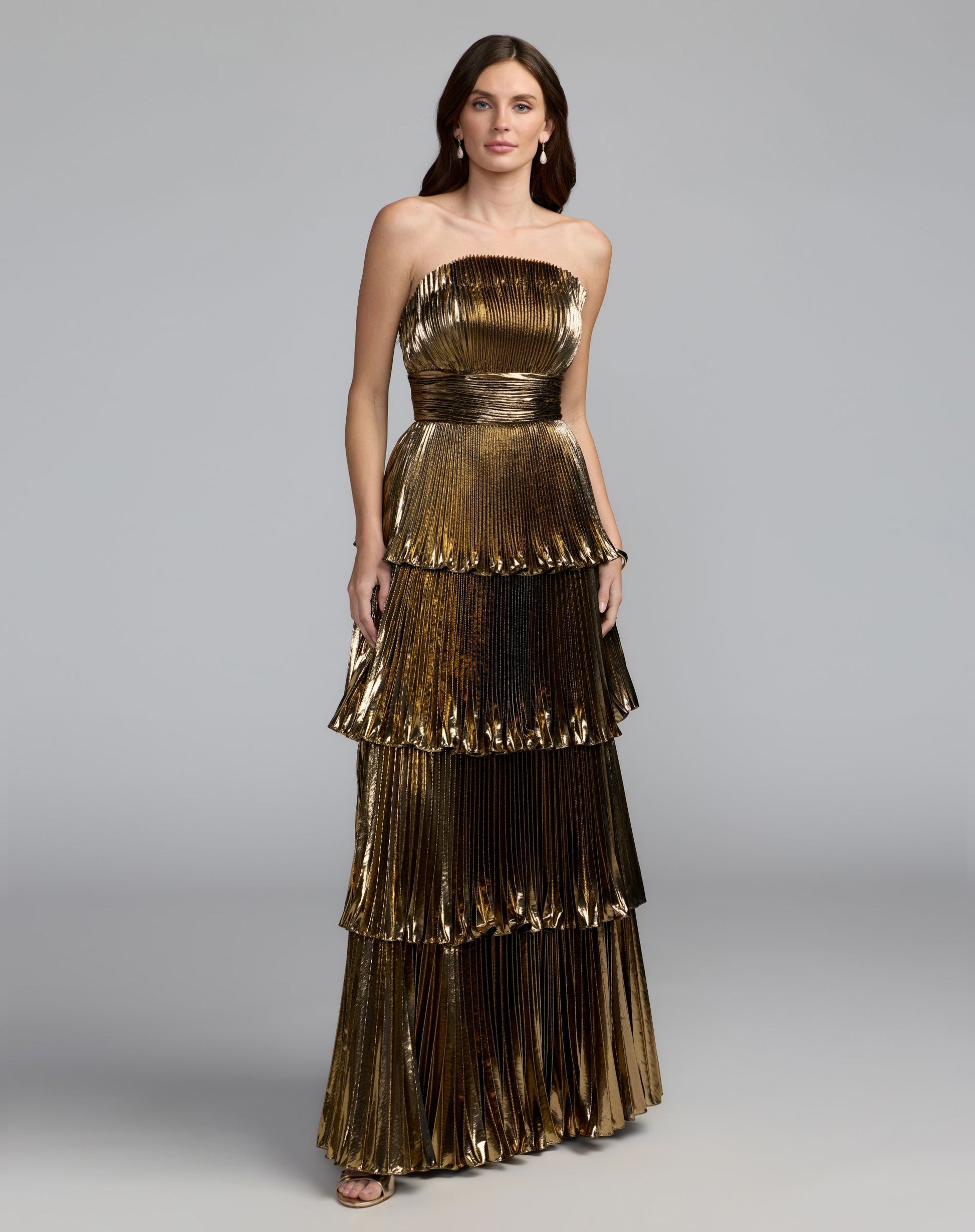 Petite Dark Gold Strapless Pleated Metallic Layered Ruffle Gown Ieena for Mac Duggal