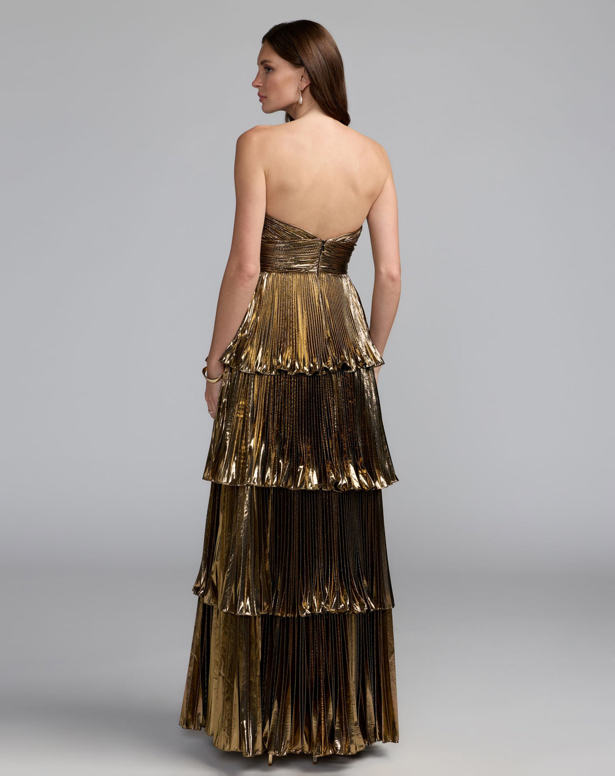 Petite Dark Gold Strapless Pleated Metallic Layered Ruffle Gown Ieena for Mac Duggal