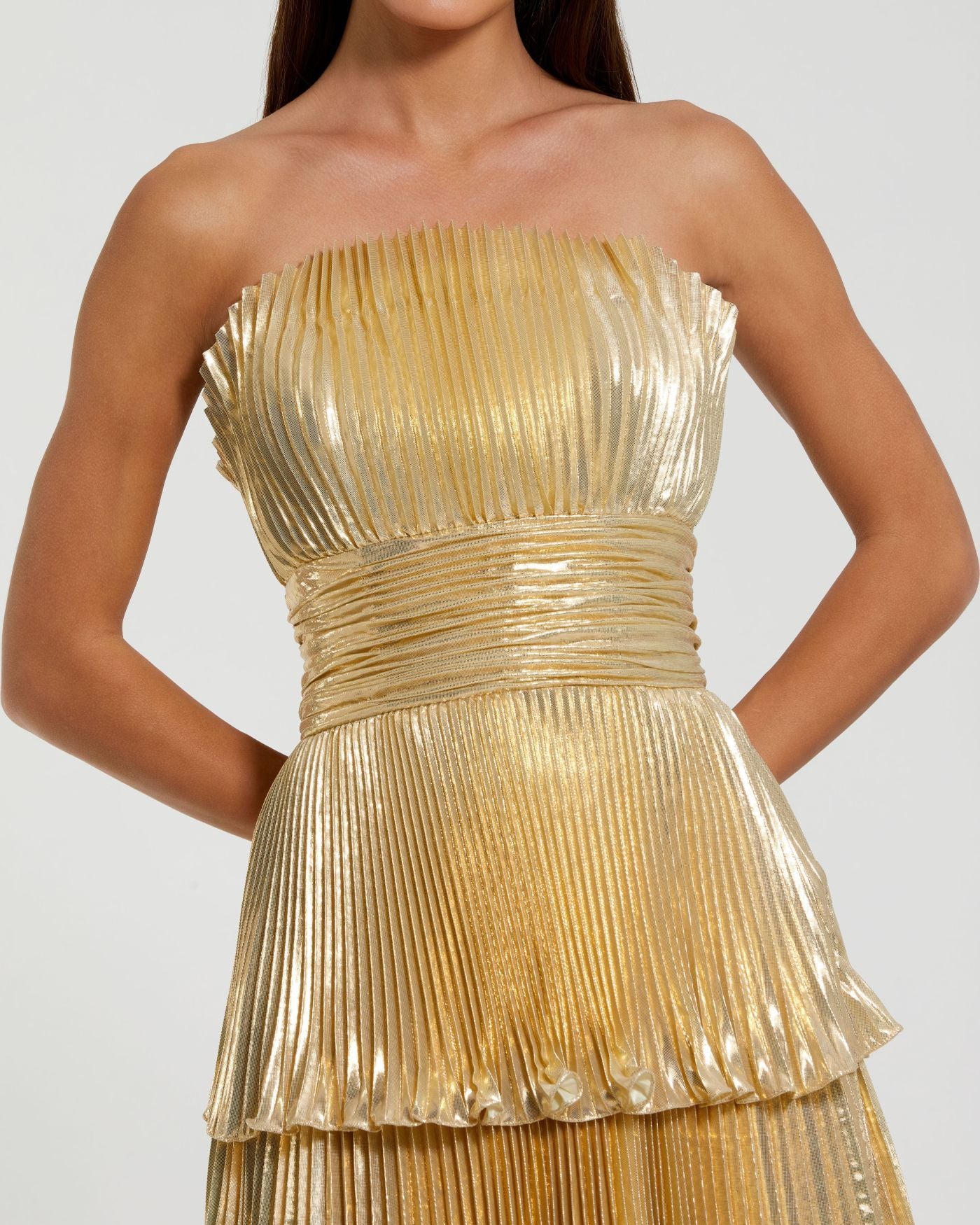 Petite Gold Strapless Pleated Metallic Layered Ruffle Gown Ieena for Mac Duggal