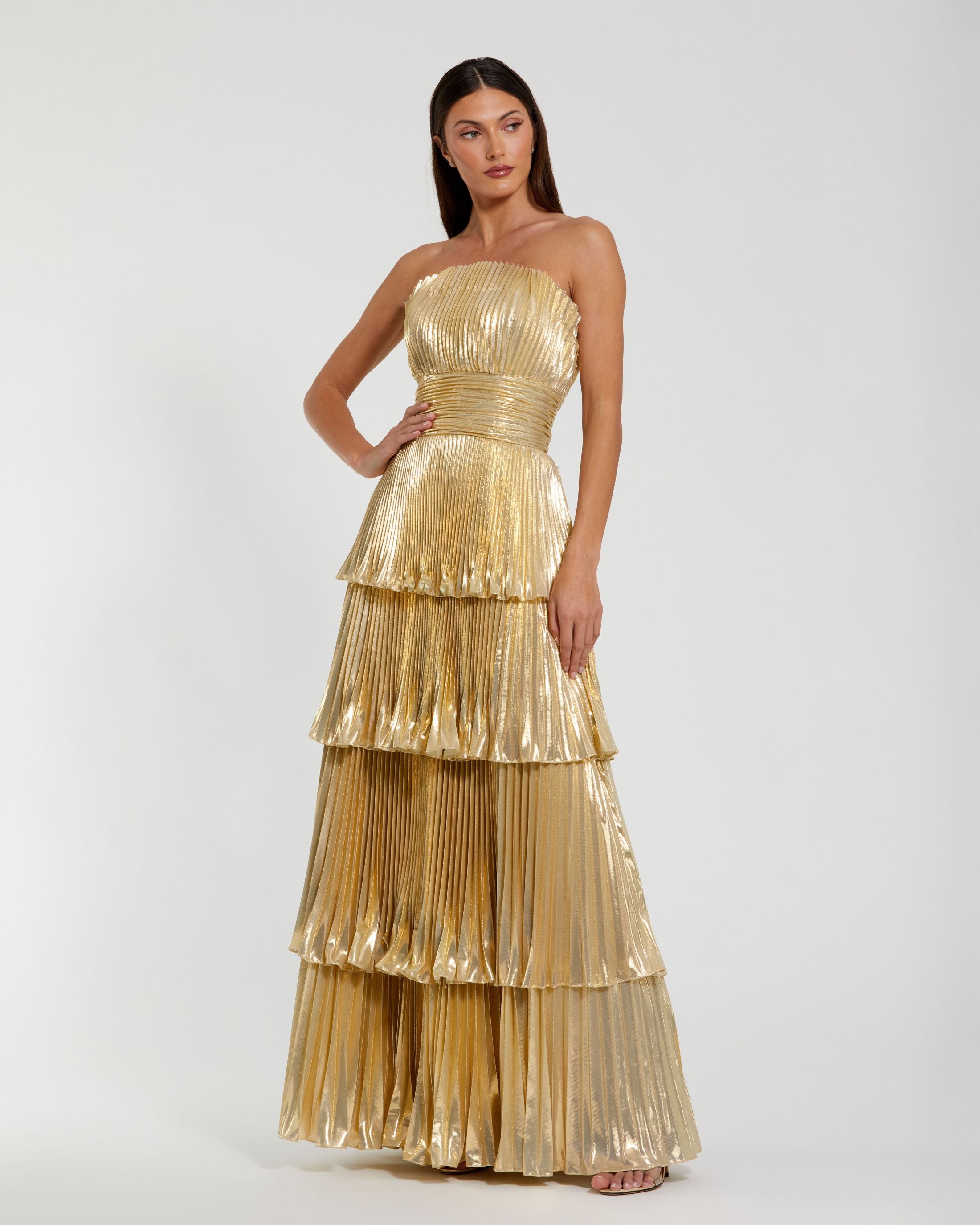 Petite Gold Strapless Pleated Metallic Layered Ruffle Gown Ieena for Mac Duggal