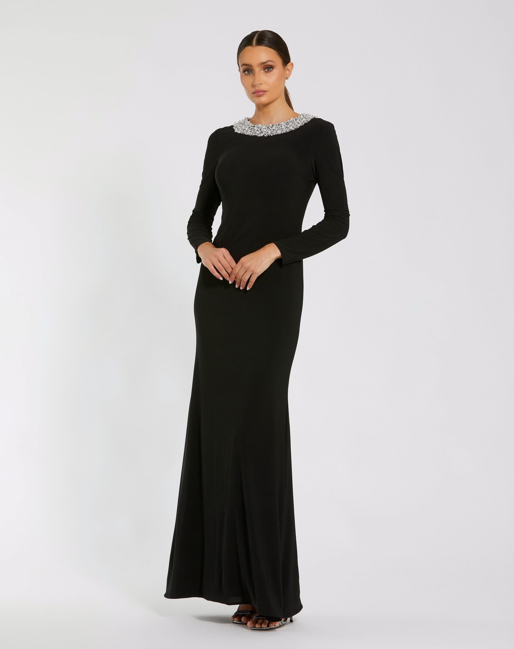 Petite Black Long Sleeve Embellished High Neck Jersey Gown - Ieena for Mac Duggal