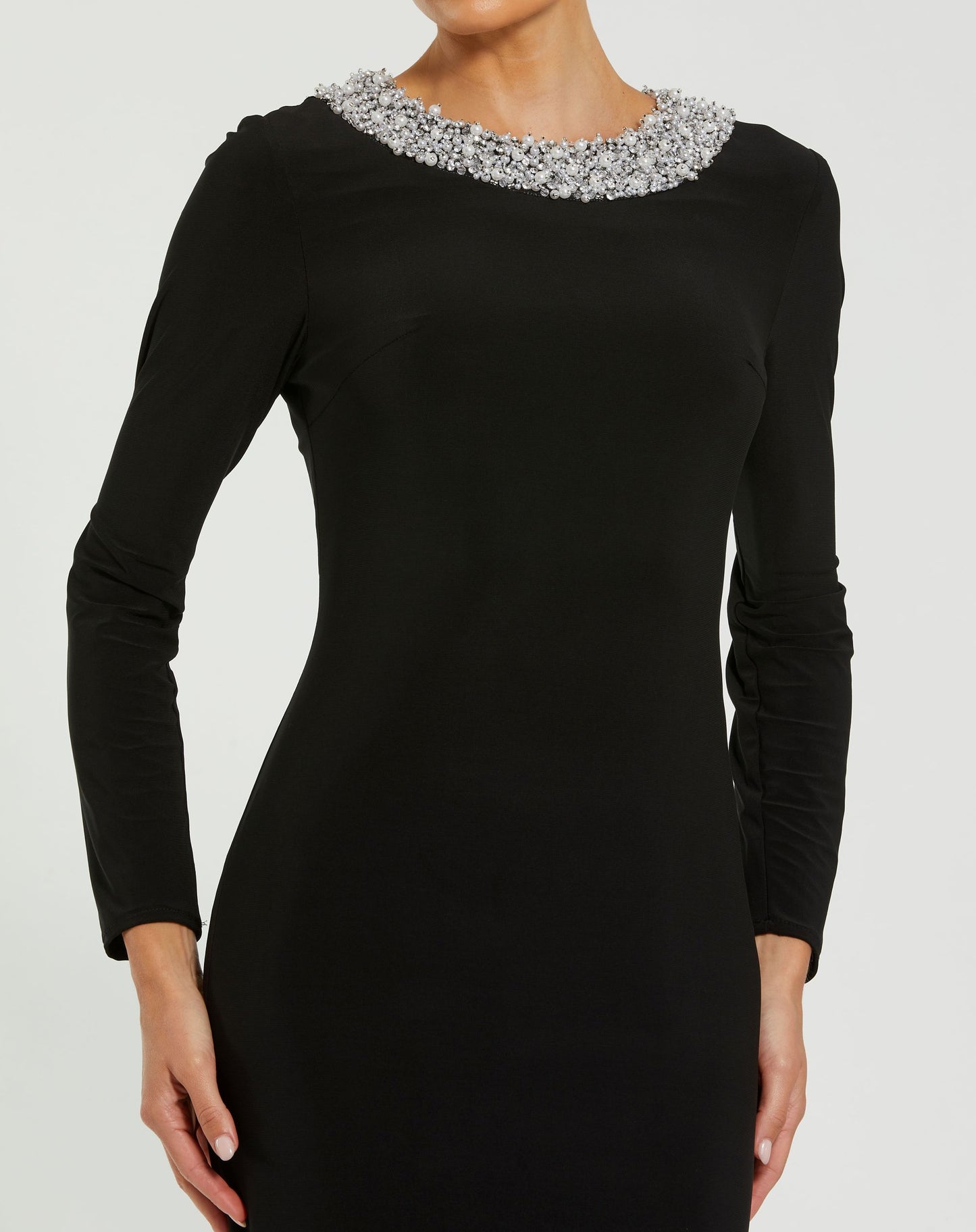 Petite Black Long Sleeve Embellished High Neck Jersey Gown - Ieena for Mac Duggal