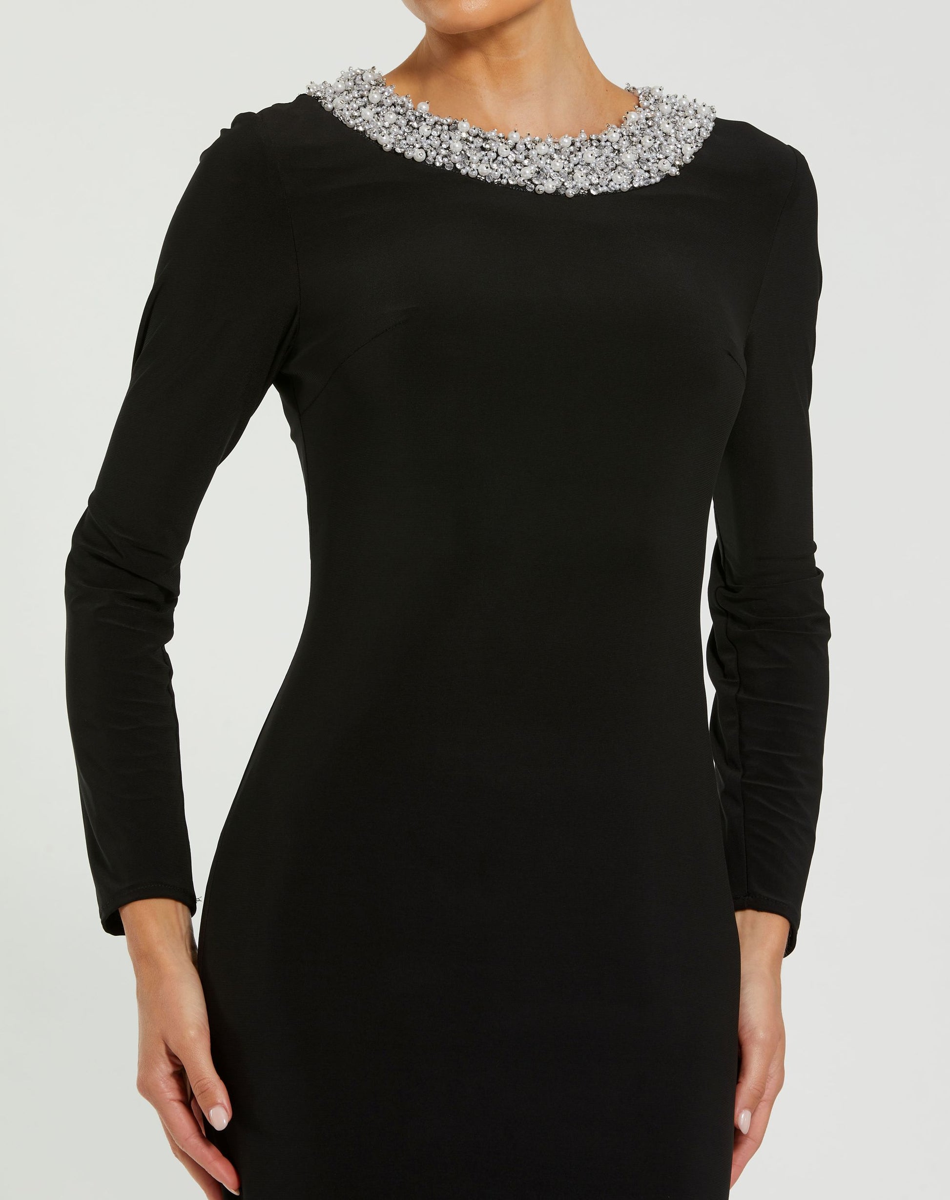 Petite Black Long Sleeve Embellished High Neck Jersey Gown - Ieena for Mac Duggal