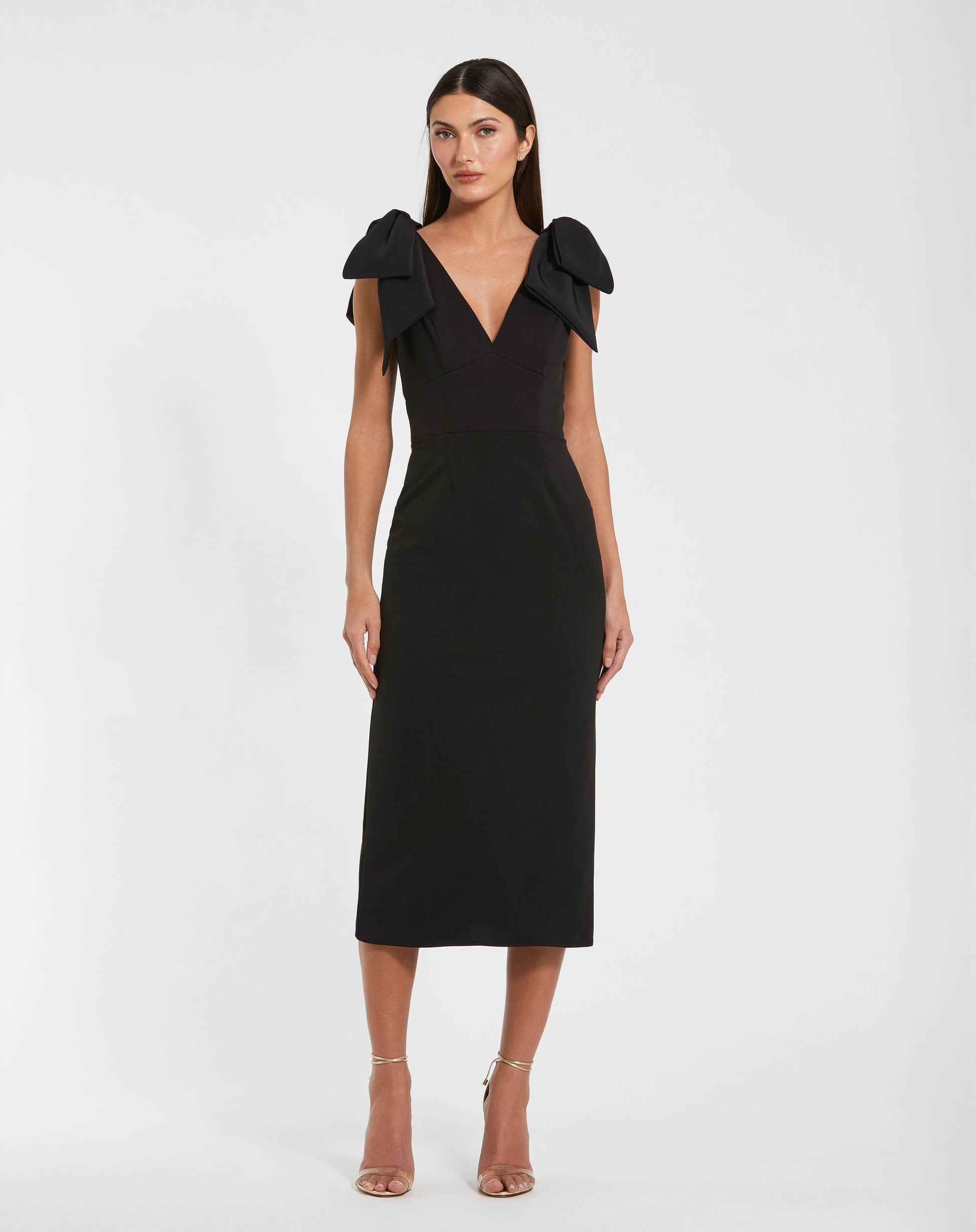 petite black midi dress Petite Black Bow Strap Crepe Fitted Midi Dress