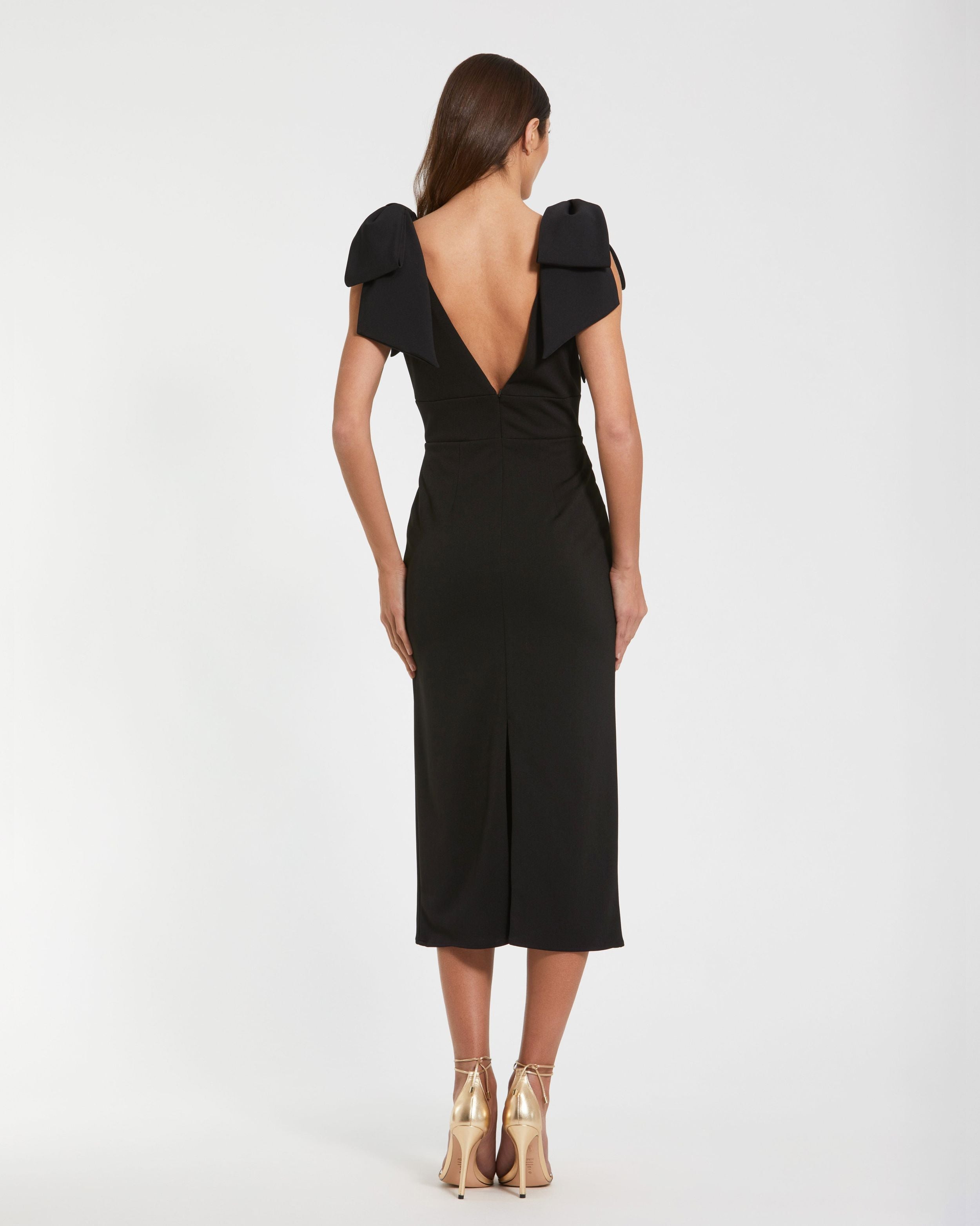 Petite Black Bow Strap Crepe Fitted Midi Dress Ieena for Mac Duggal