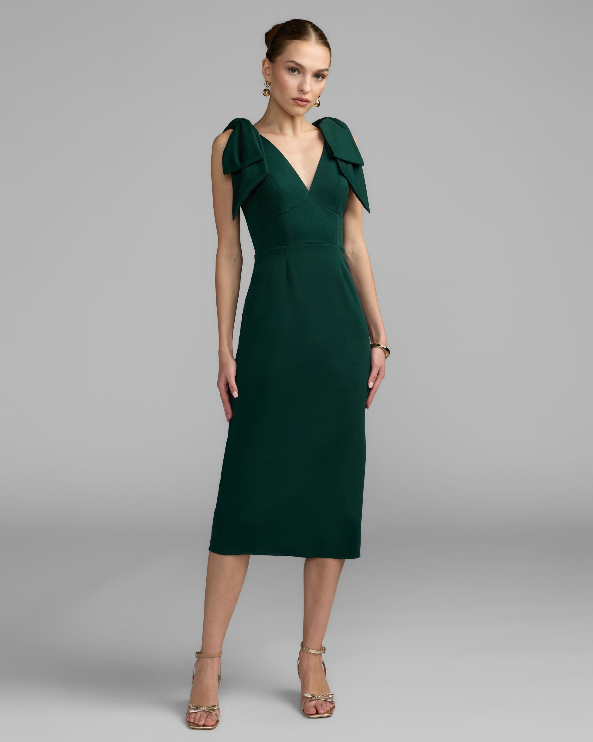 Petite Emerald Bow Strap Crepe Fitted Midi Dress Ieena for Mac Duggal