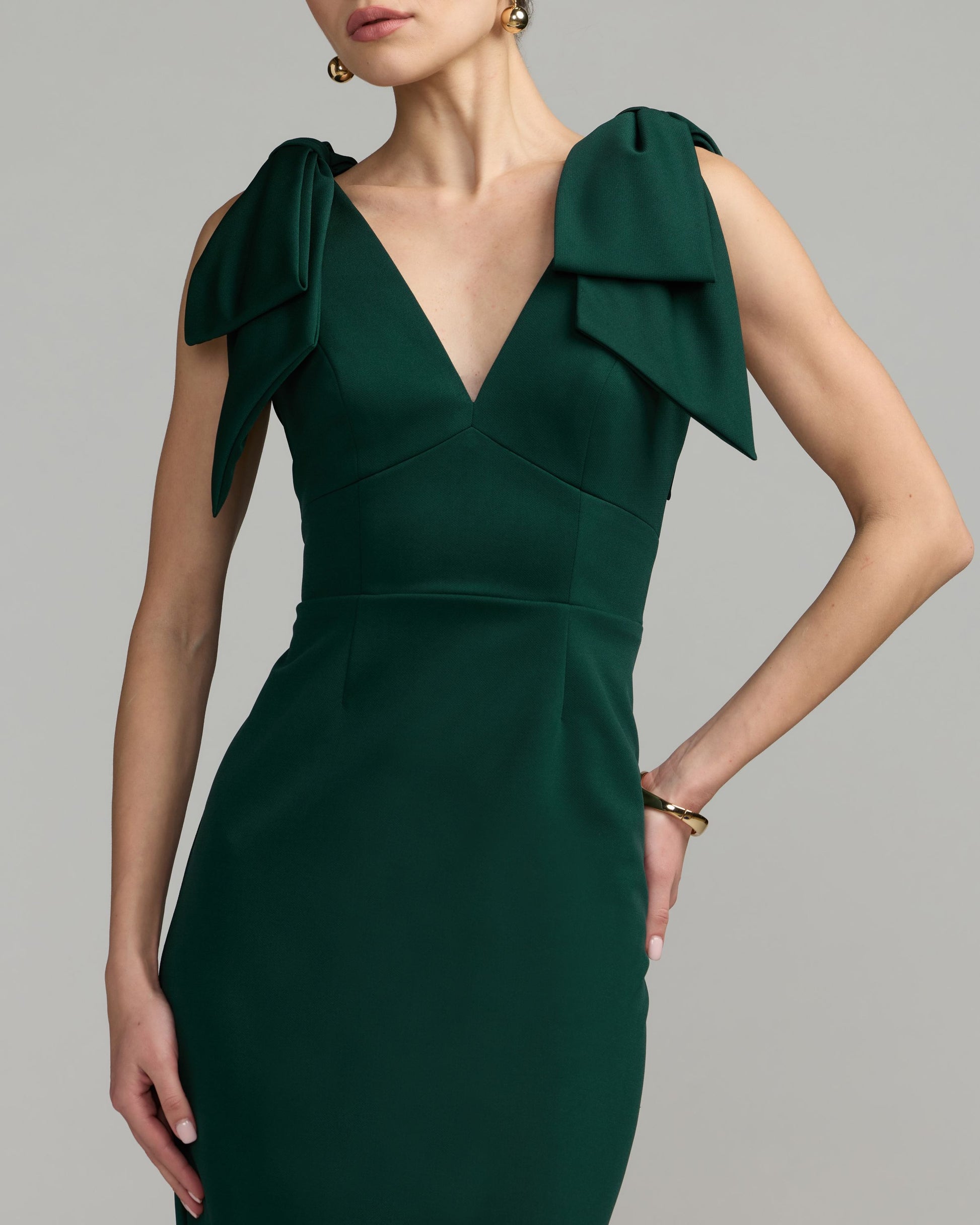 Petite Emerald Bow Strap Crepe Fitted Midi Dress Ieena for Mac Duggal