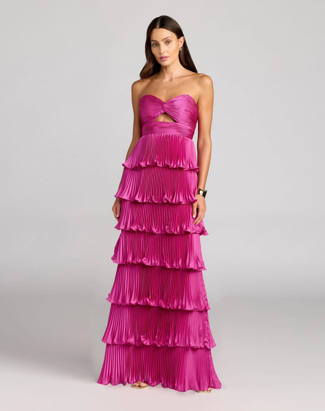 Pink Petite Pleated Charmeuse Strapless Tiered Ruffle Gown Mac Duggal