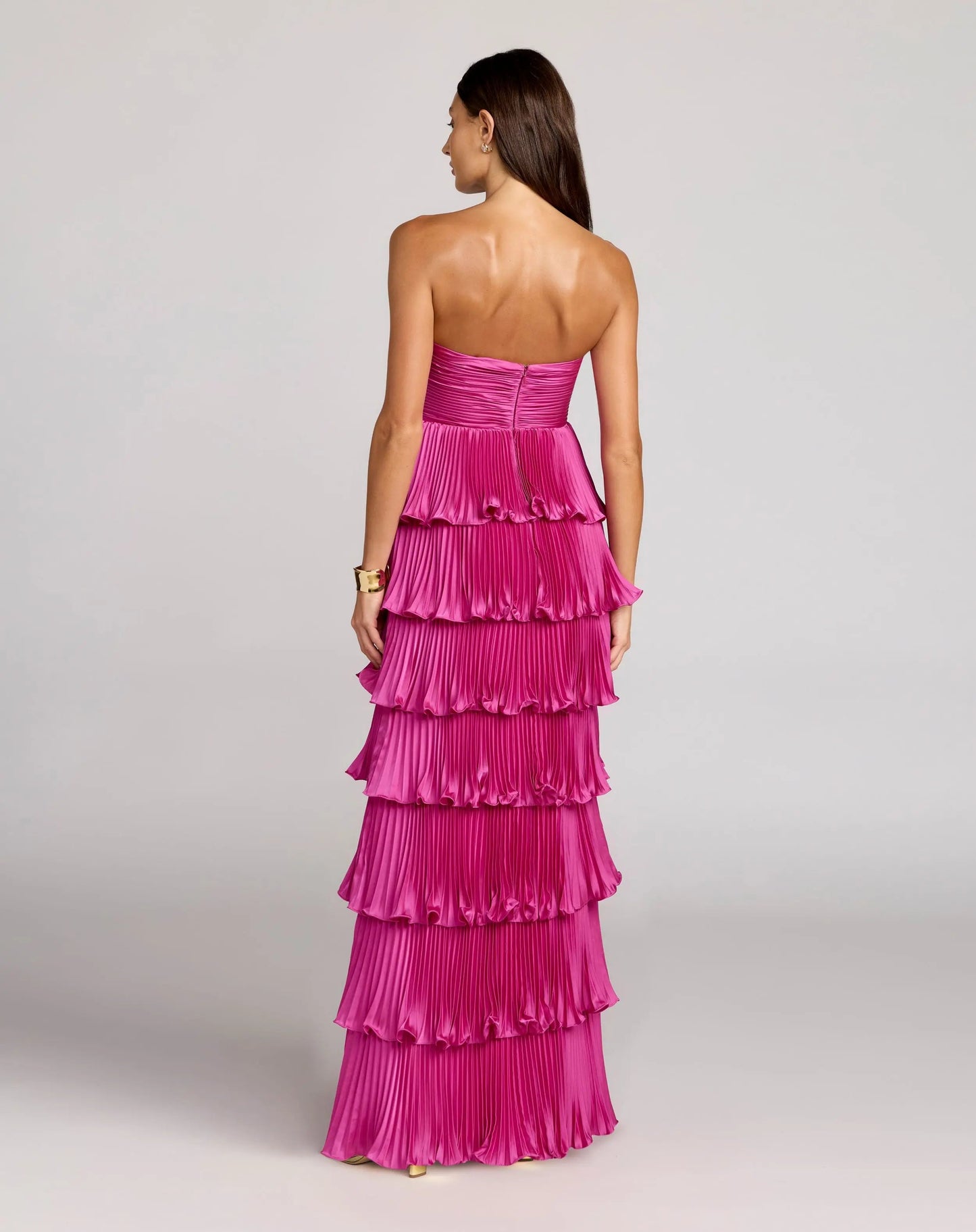 Pink Petite Pleated Charmeuse Strapless Tiered Ruffle Gown Mac Duggal