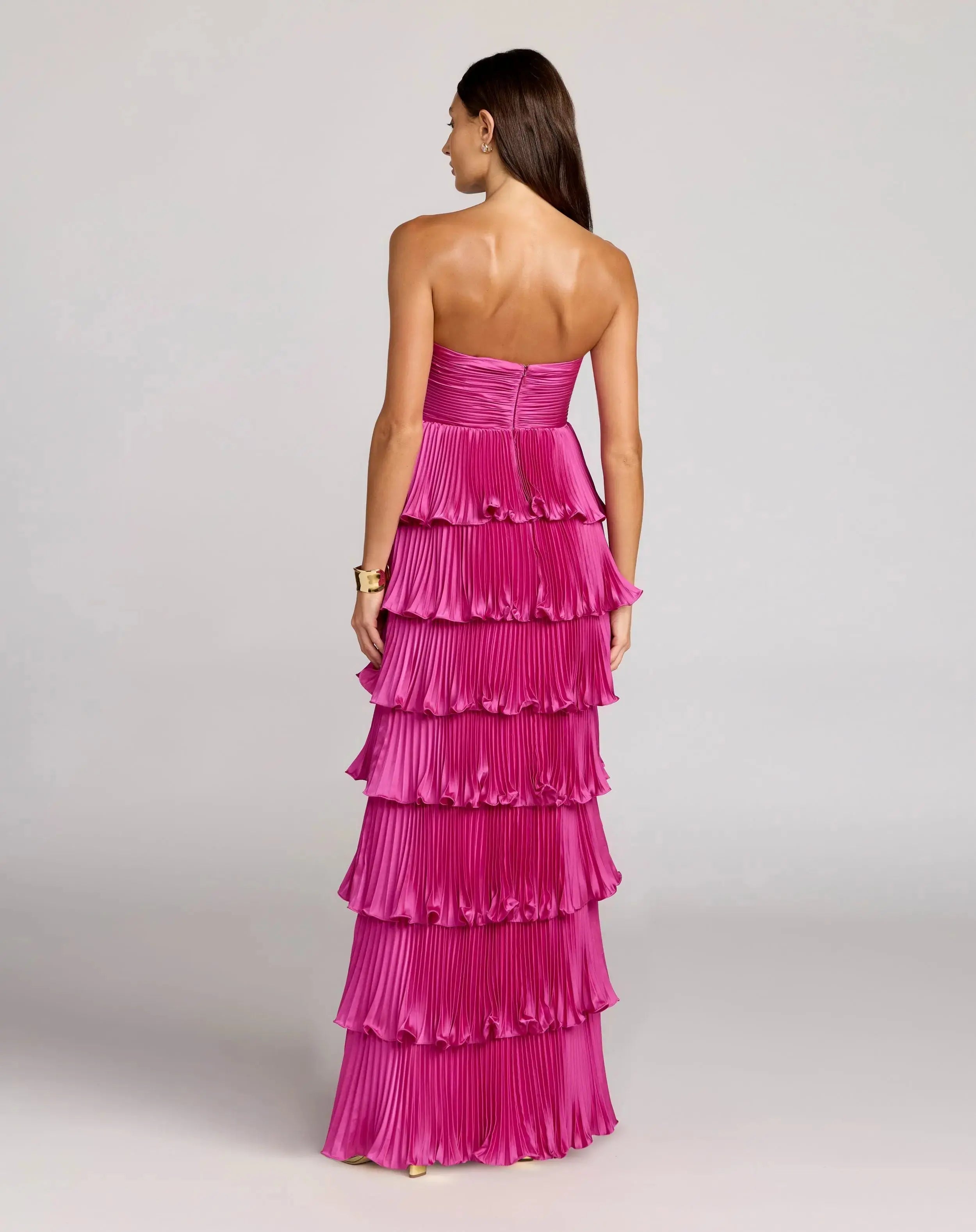Pink Petite Pleated Charmeuse Strapless Tiered Ruffle Gown Mac Duggal