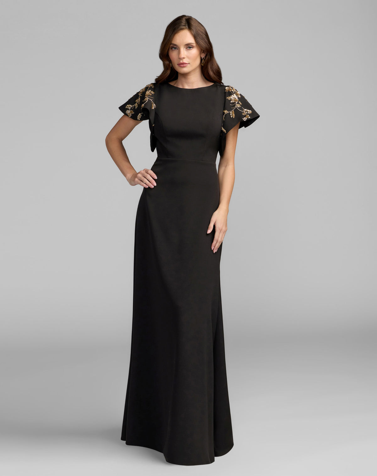 Petite Black Embellished Flutter Sleeve Crepe Gown - Ieena for Mac Duggal