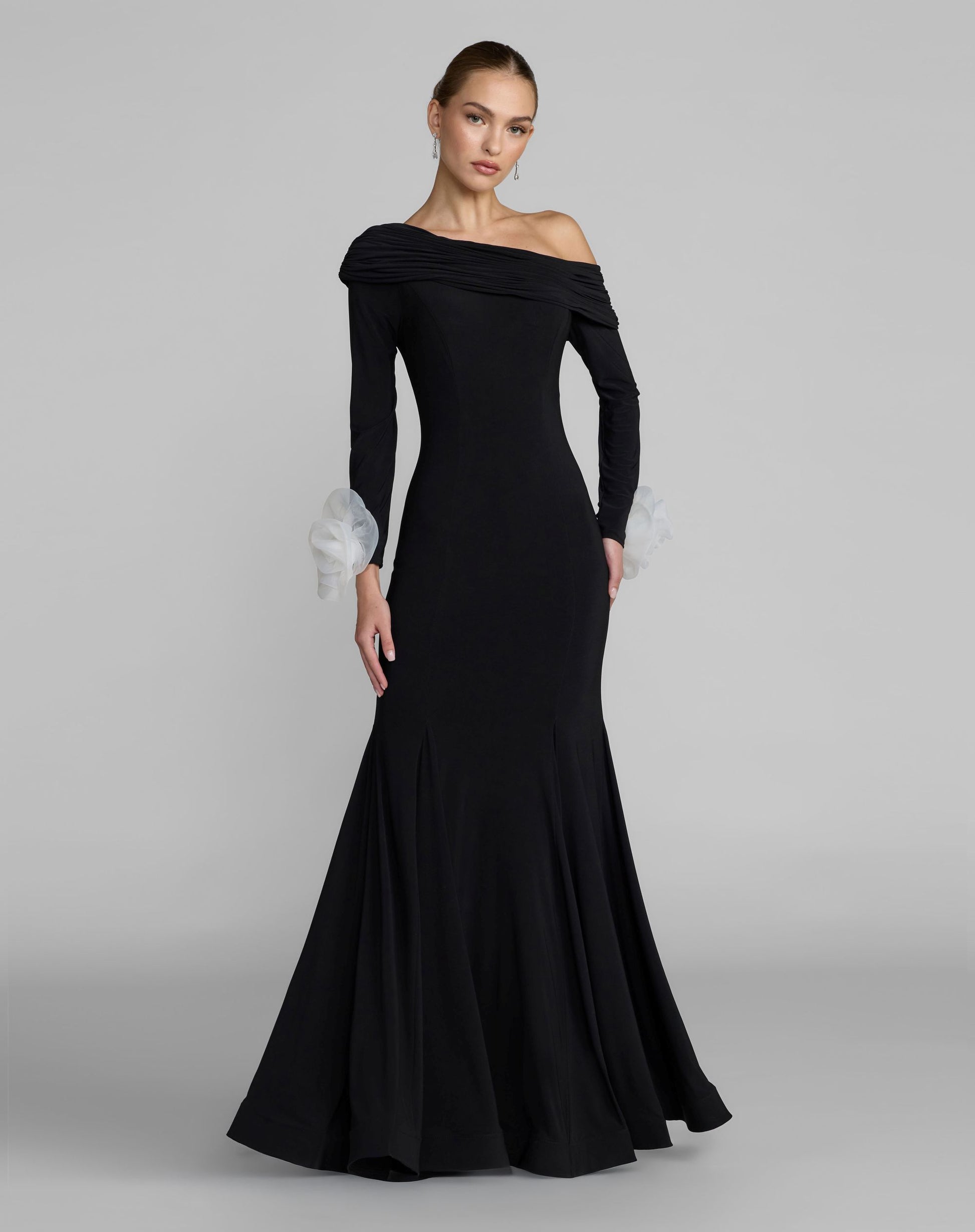Petite Black One Shoulder Long Sleeve Jersey Gown - Ieena for Mac Duggal