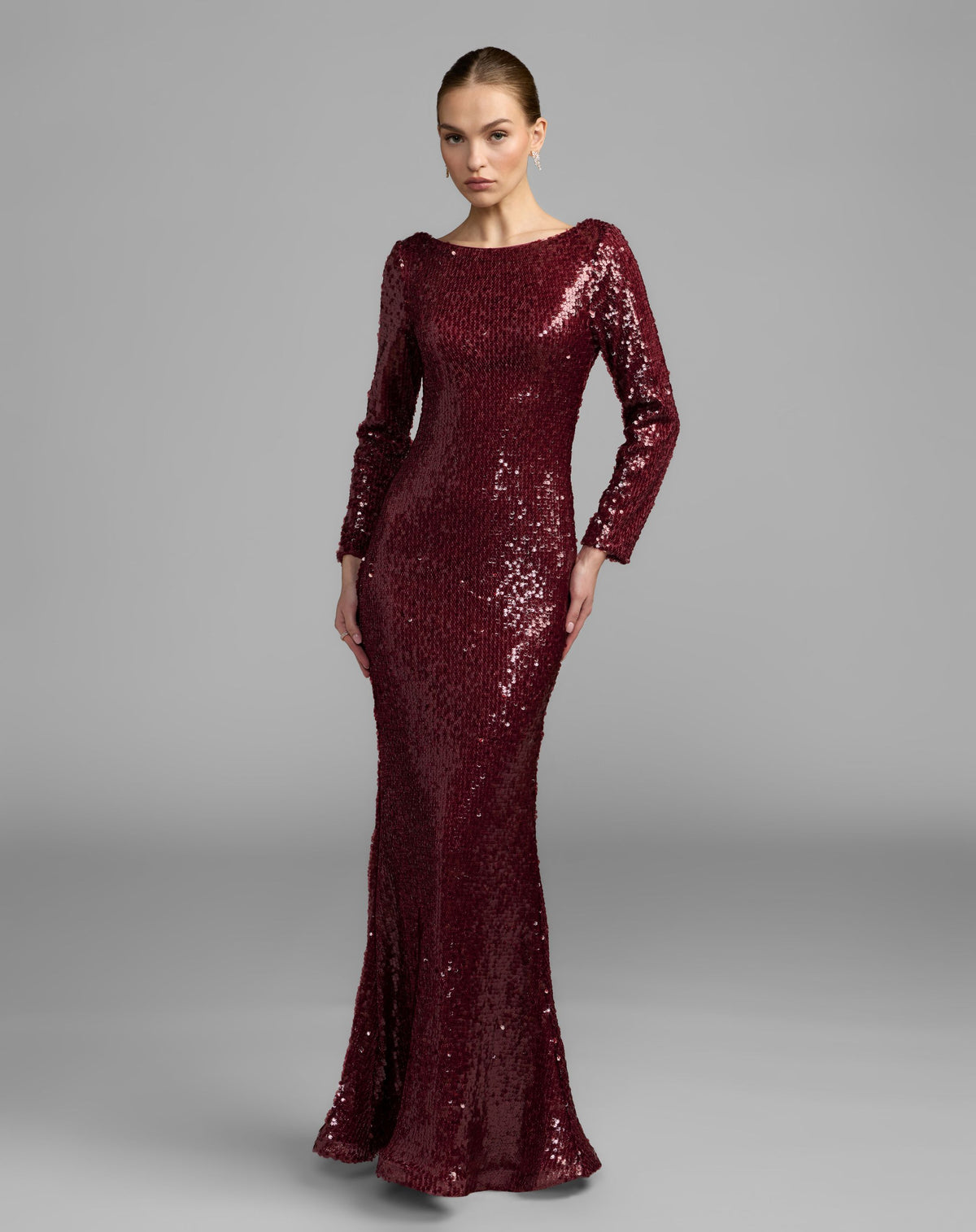 Petite Ruby Long Sleeve Cowl Back Sequin Gown - Ieena for Mac Duggal