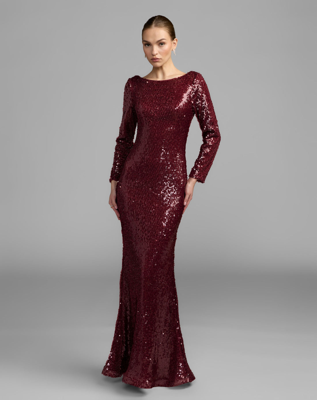 Petite Ruby Long Sleeve Cowl Back Sequin Gown - Ieena for Mac Duggal