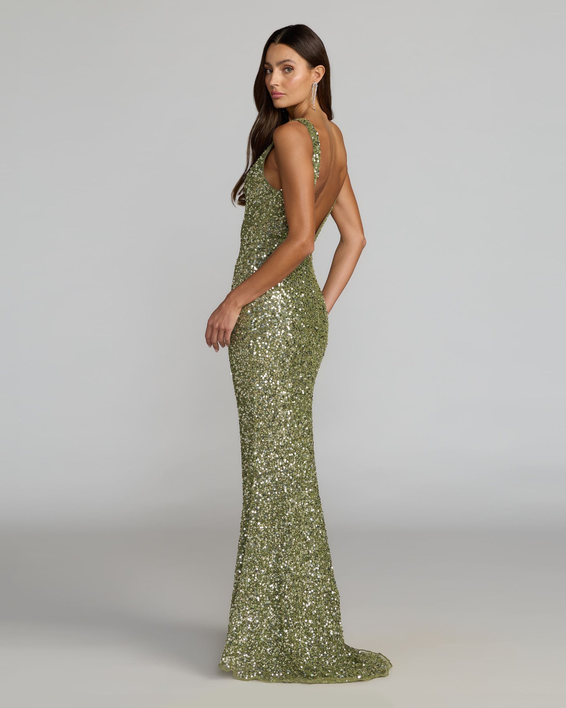 Green Sequin Open Back Column Gown Mac Duggal