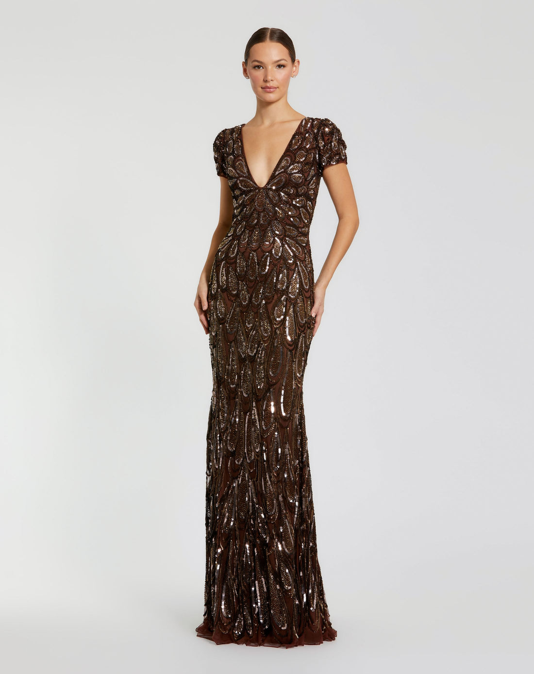 Petite Brown Embellished Deep V Column Gown - Mac Duggal