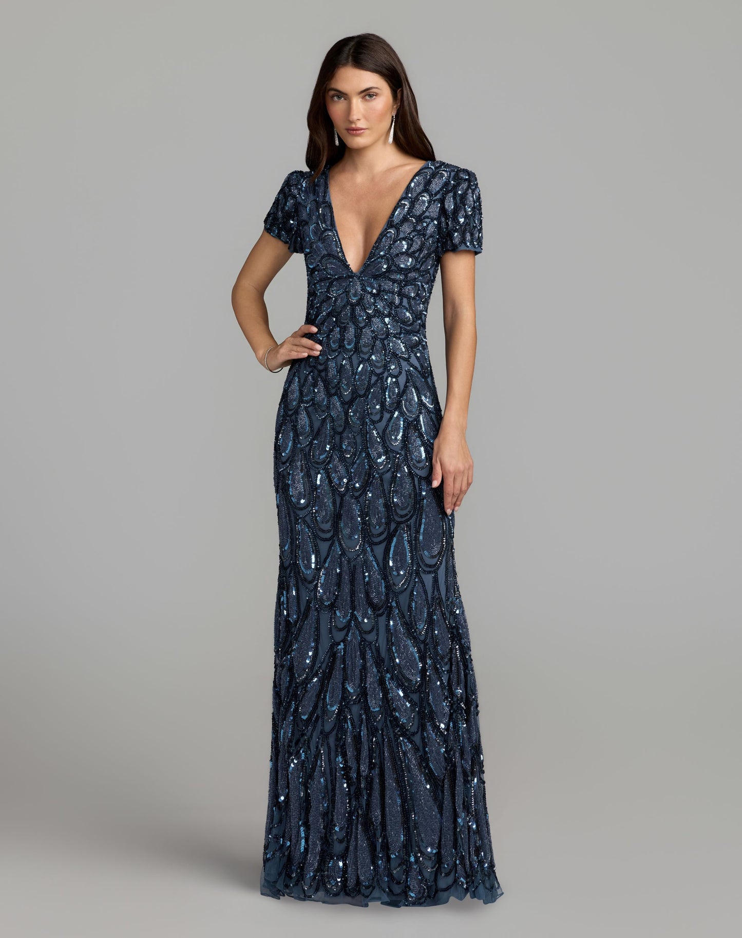 Petite Blue Embellished Deep V Column Gown - Mac Duggal