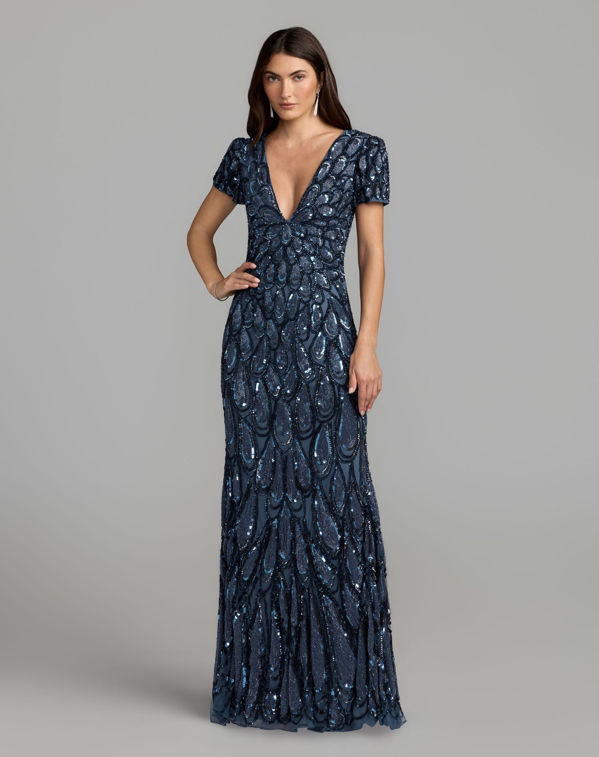 Petite Blue Embellished Deep V Column Gown - Mac Duggal