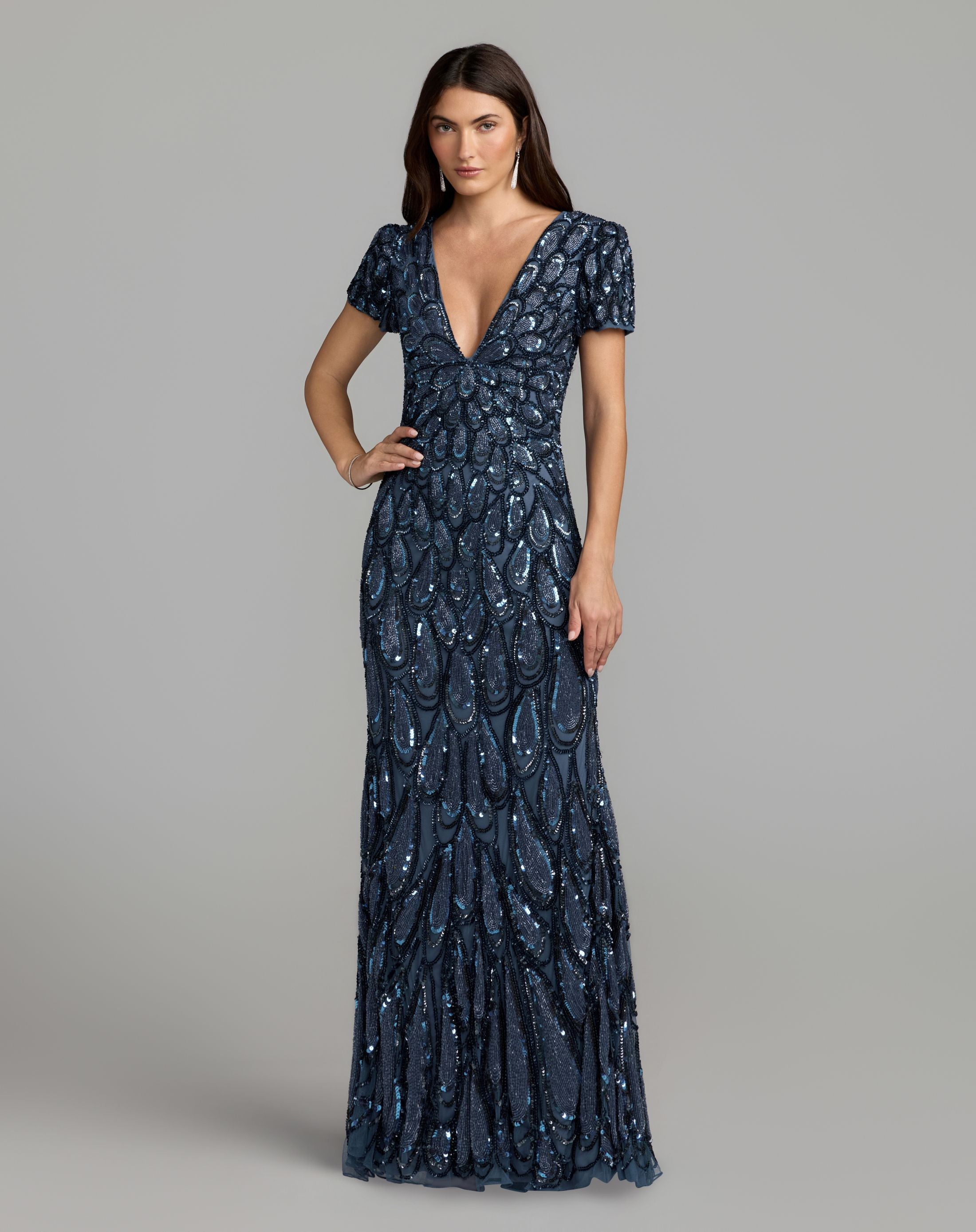 Petite Blue Embellished Deep V Column Gown - Mac Duggal