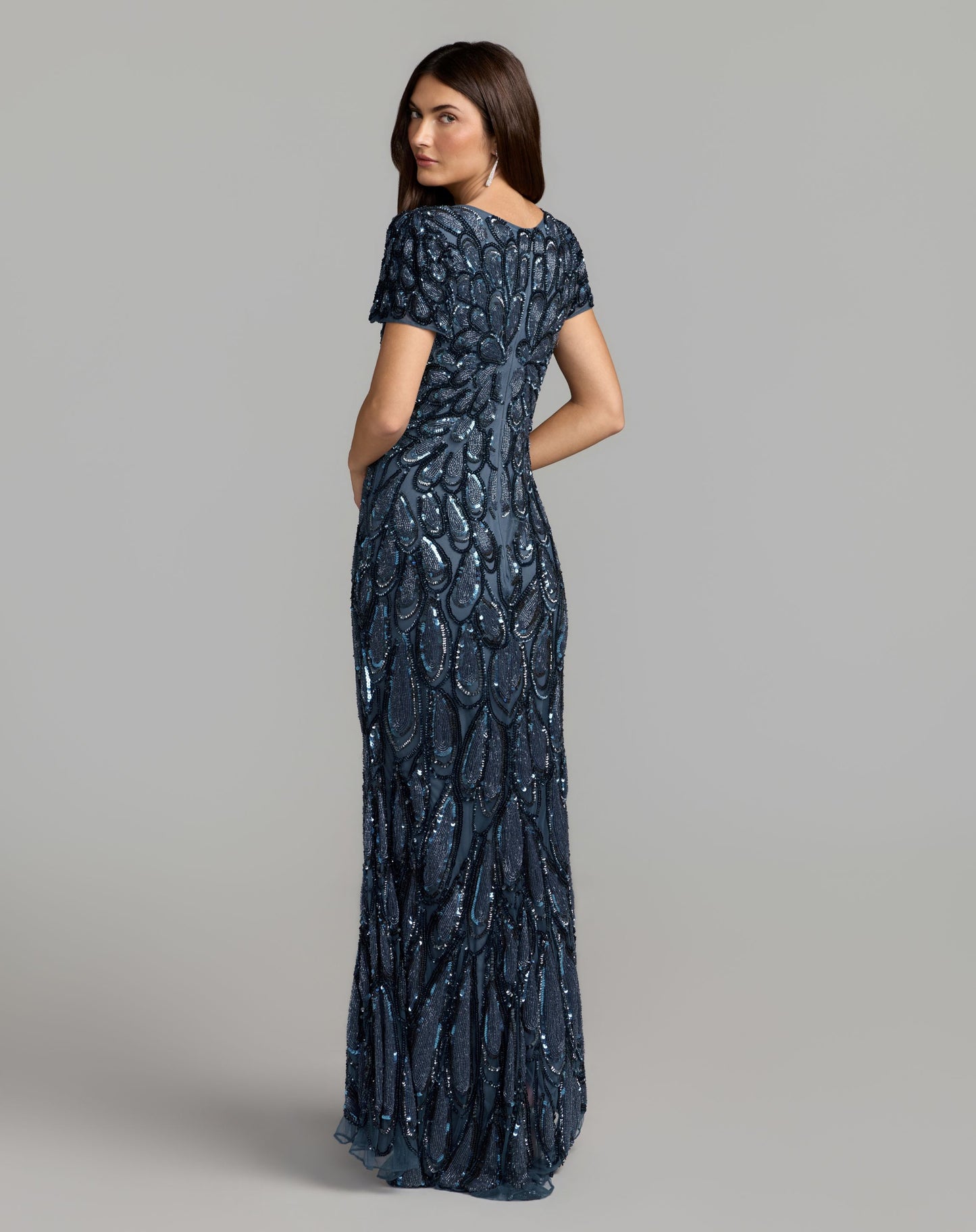 Petite Blue Embellished Deep V Column Gown - Mac Duggal