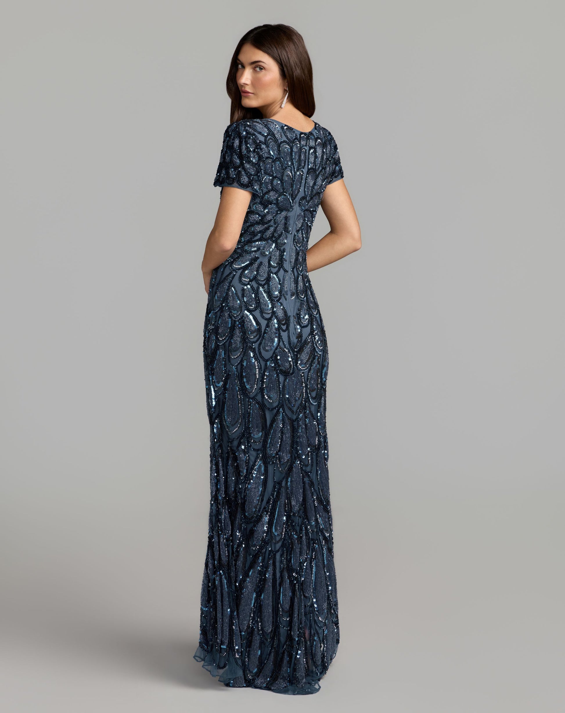 Petite Blue Embellished Deep V Column Gown - Mac Duggal